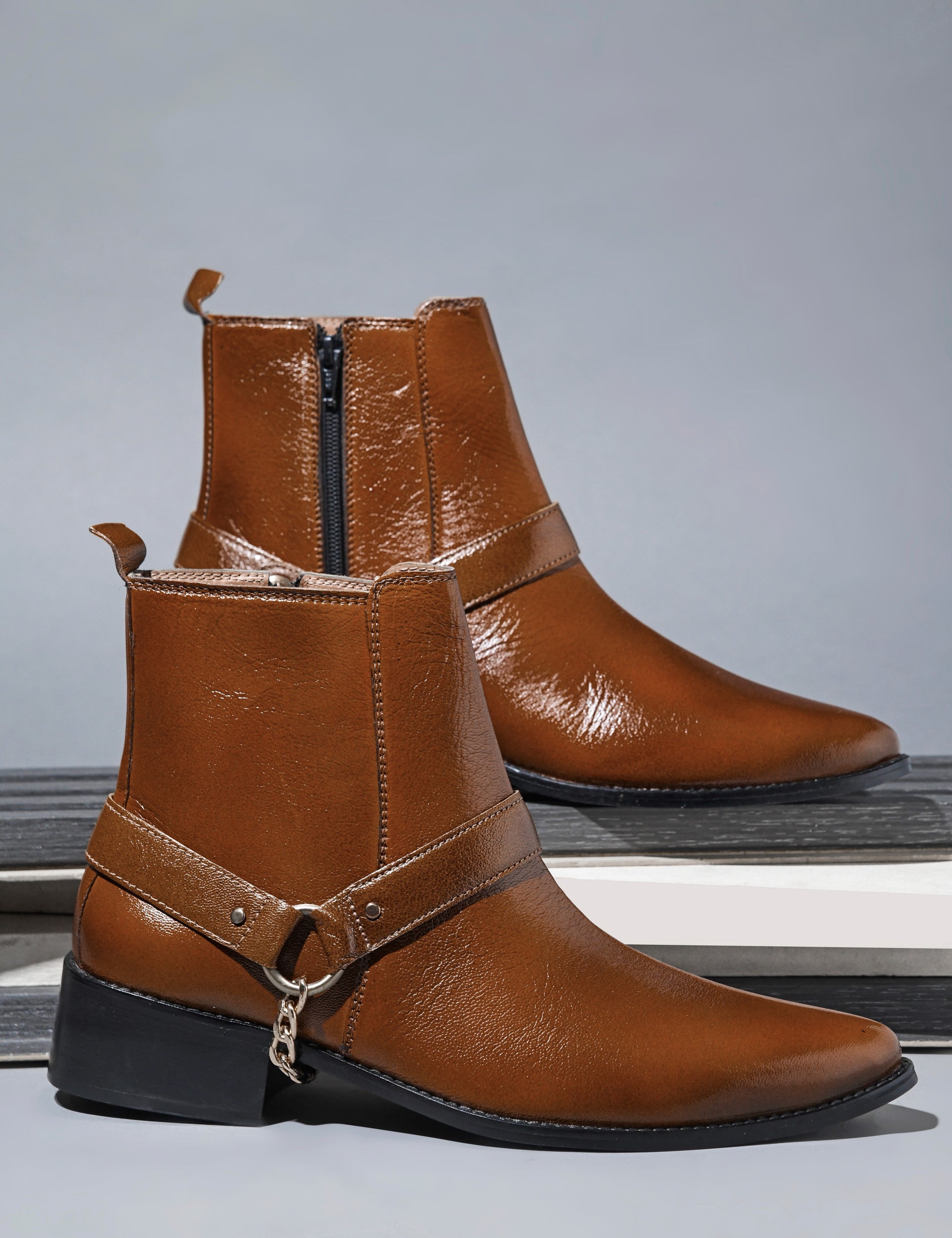RNK Luxe Logan men's tan leather boots with gold chain detail and Cuban heel, pointed toe handcrafted luxury footwear