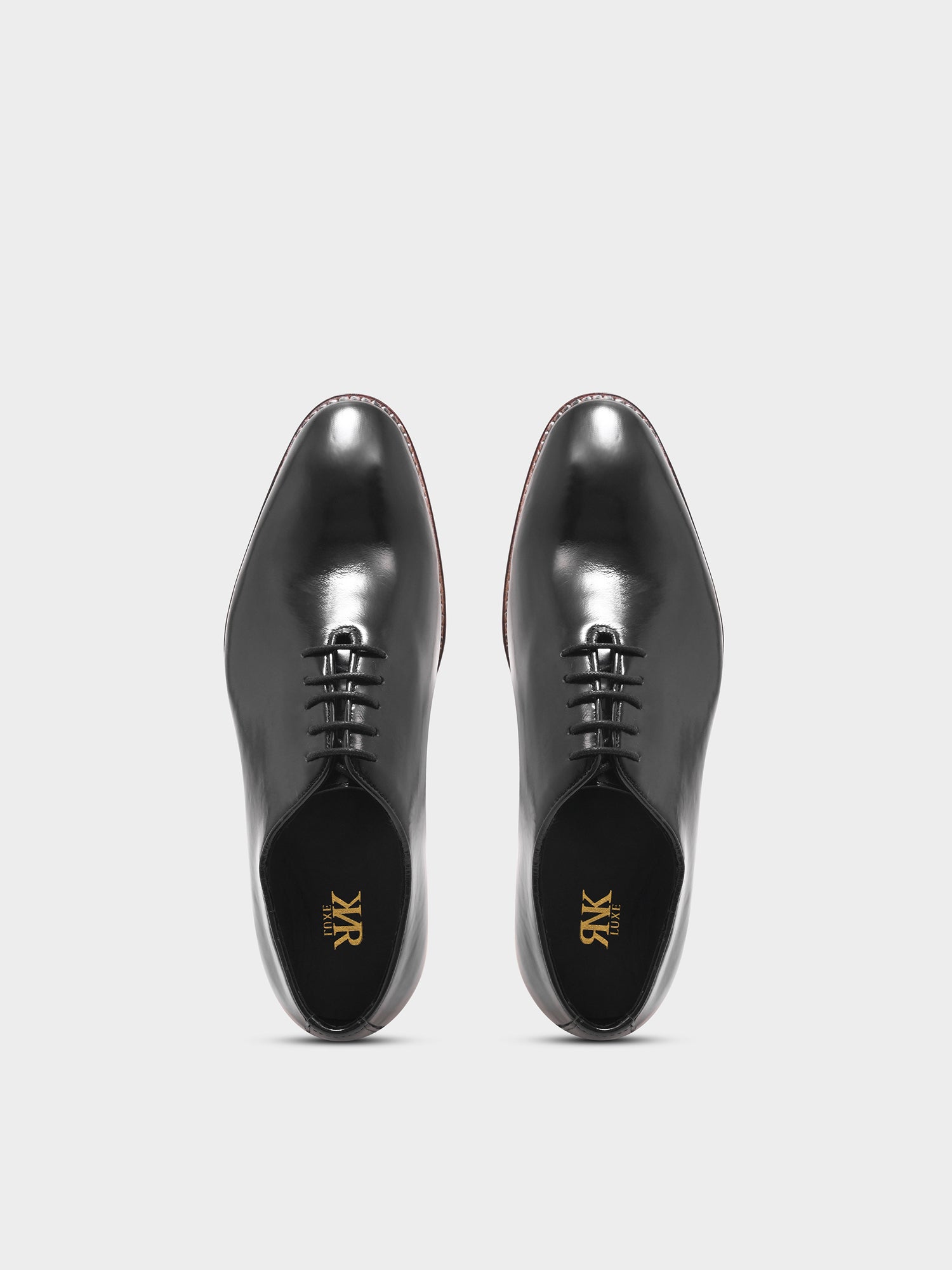 Pair of black leather shoes with a brand logo on a light gray background
