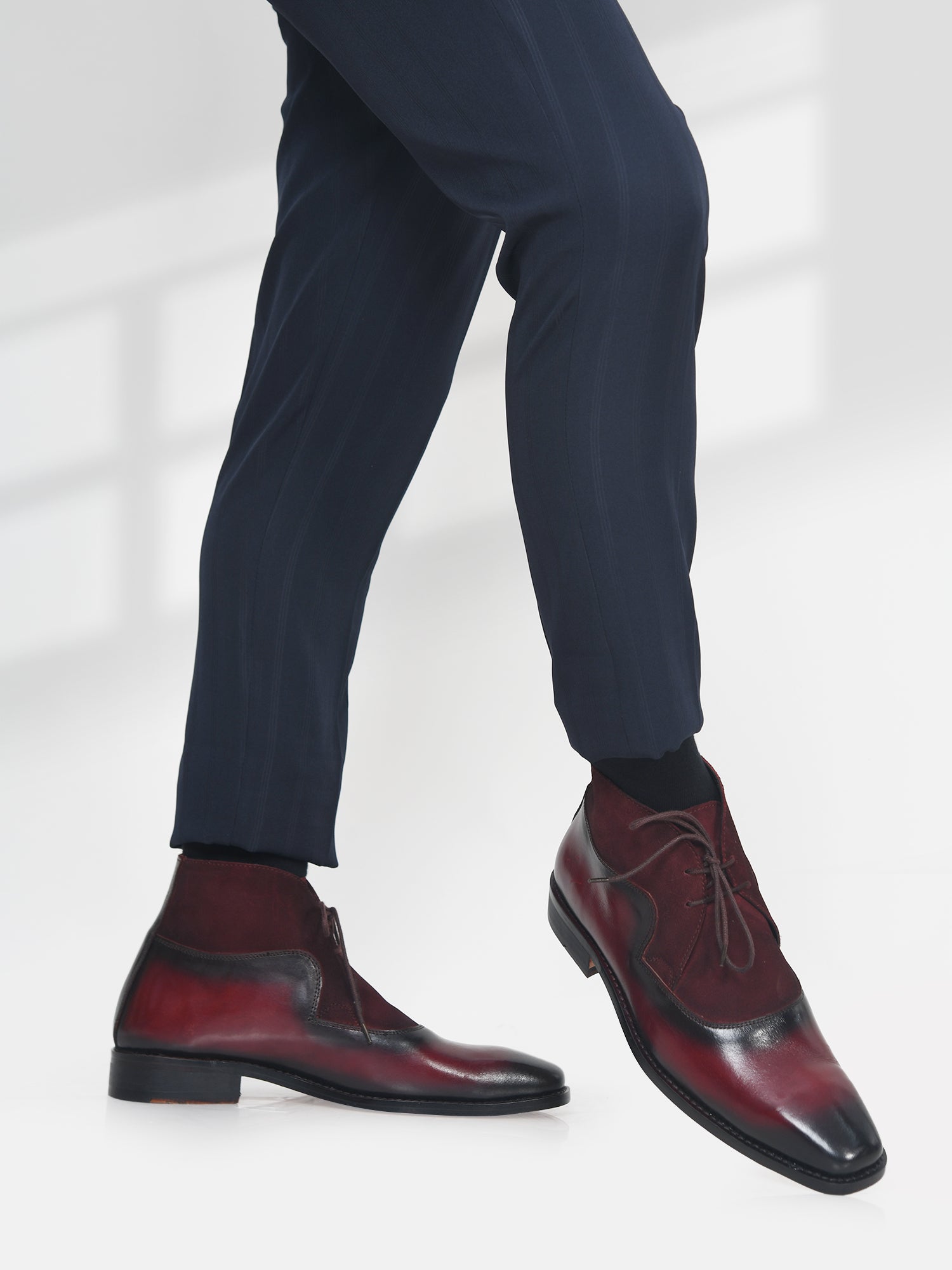 The Fusion (Oxblood) - Square Toe Chukka Boot in Black Suede & Calf Leather