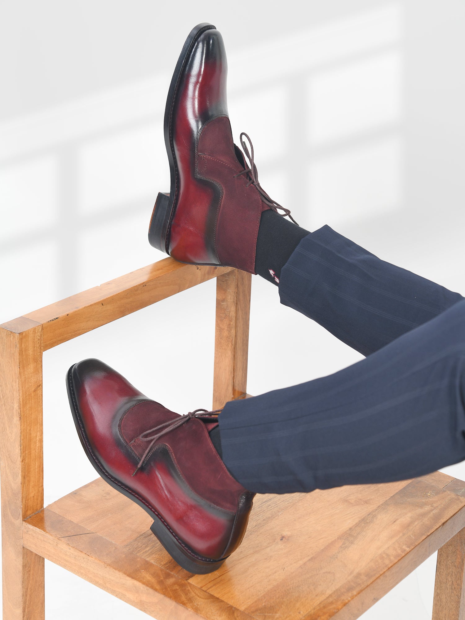 The Fusion (Oxblood) - Square Toe Chukka Boot in Black Suede & Calf Leather