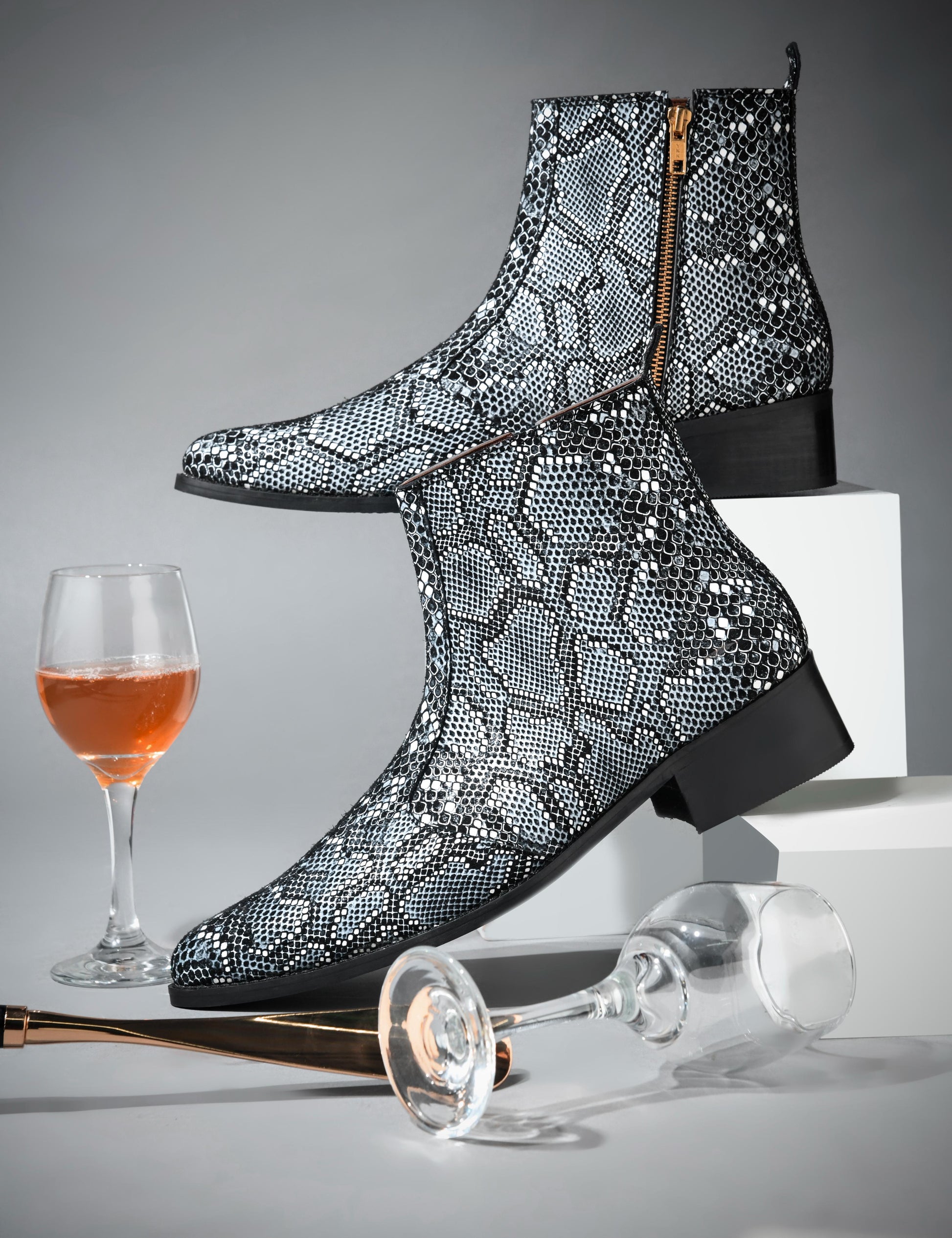 RNK Luxe Medusa Rex boots – luxury men’s ankle boots in textured snakeskin leather with pointed toe and Cuban heel