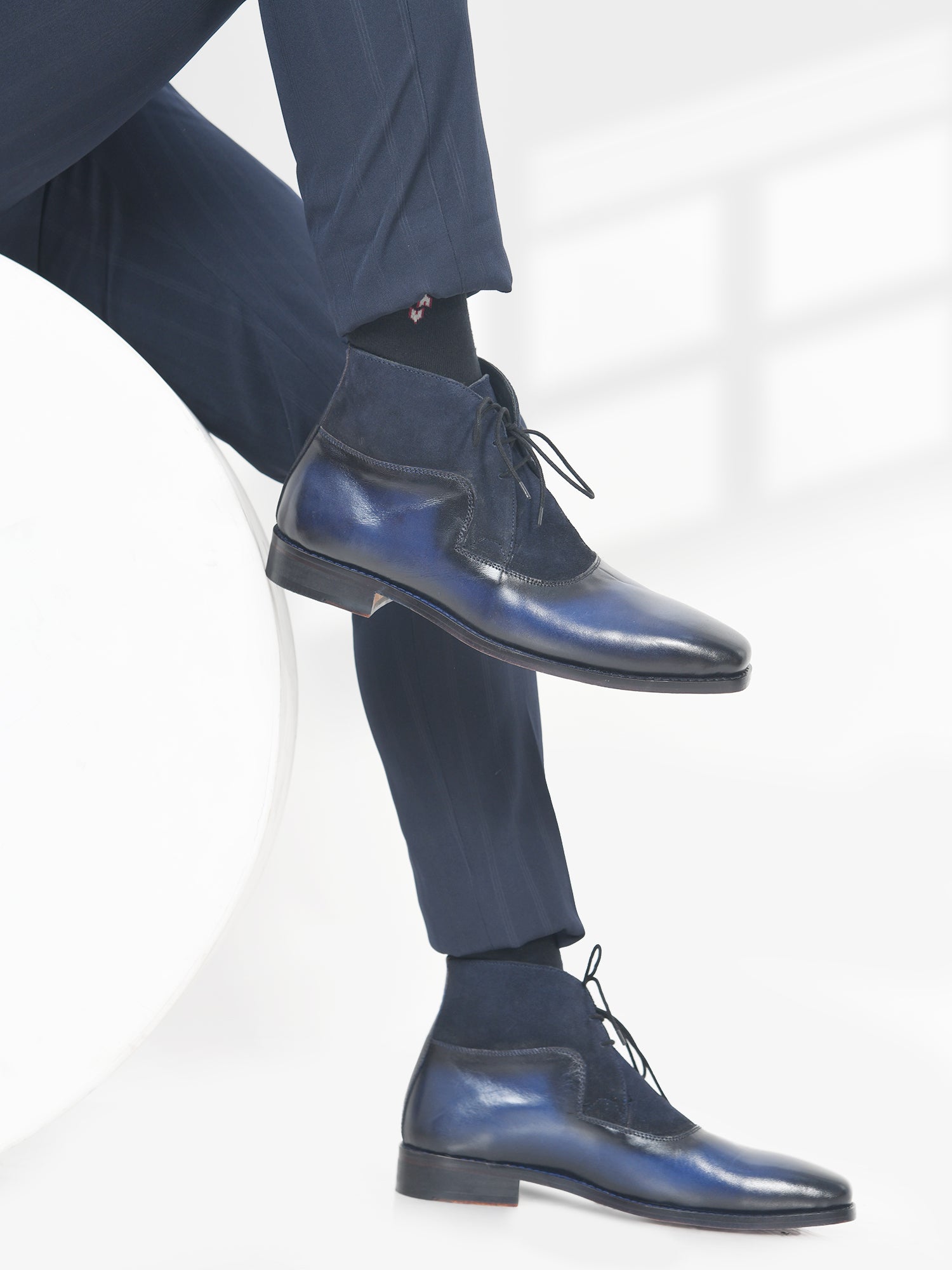 The Fusion (Midnight Blue) - Square Toe Chukka Boot in Black Suede & Calf Leather