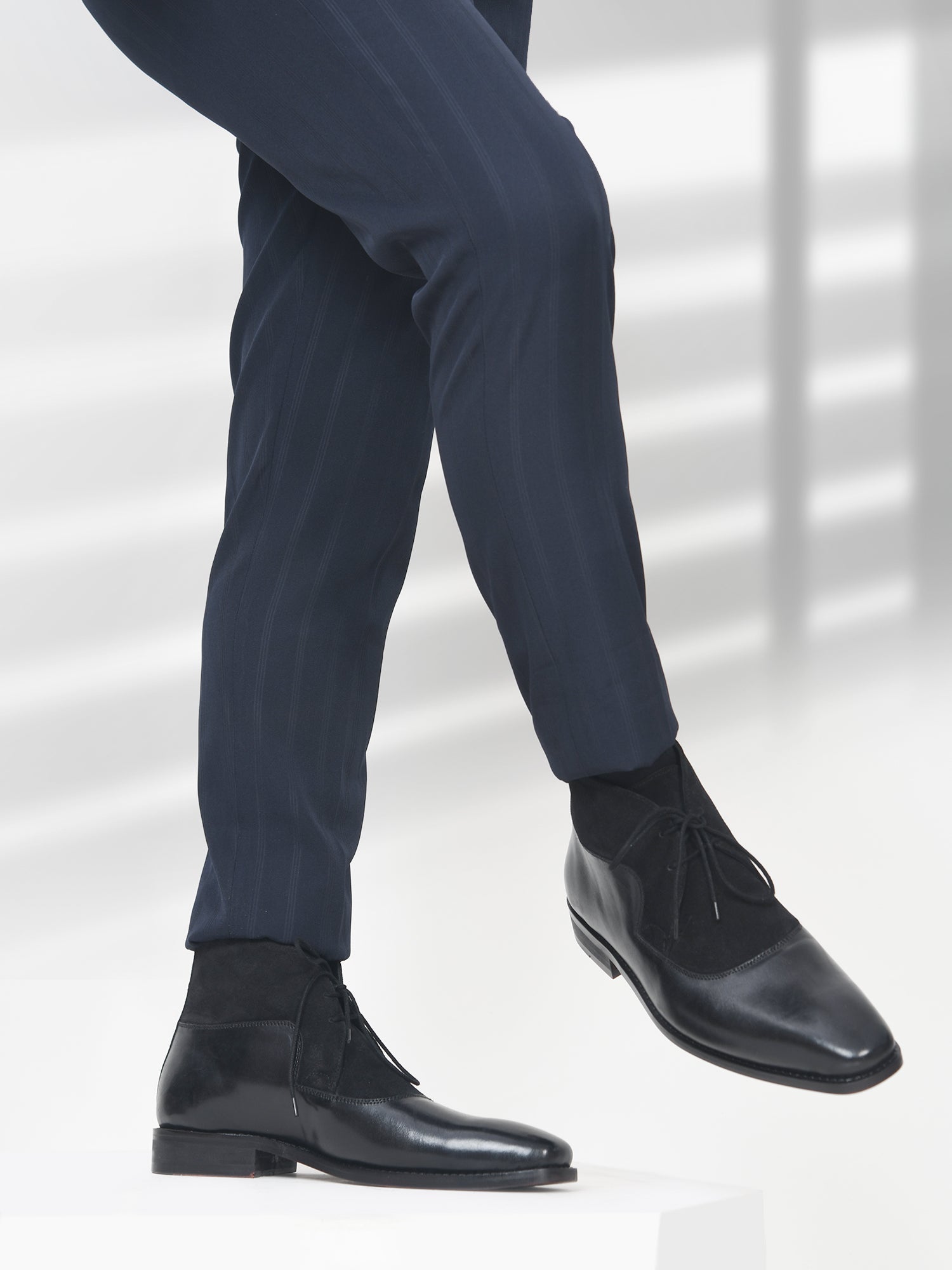 The Fusion (Jet Black) - Square Toe Chukka Boot in Black Suede & Calf Leather