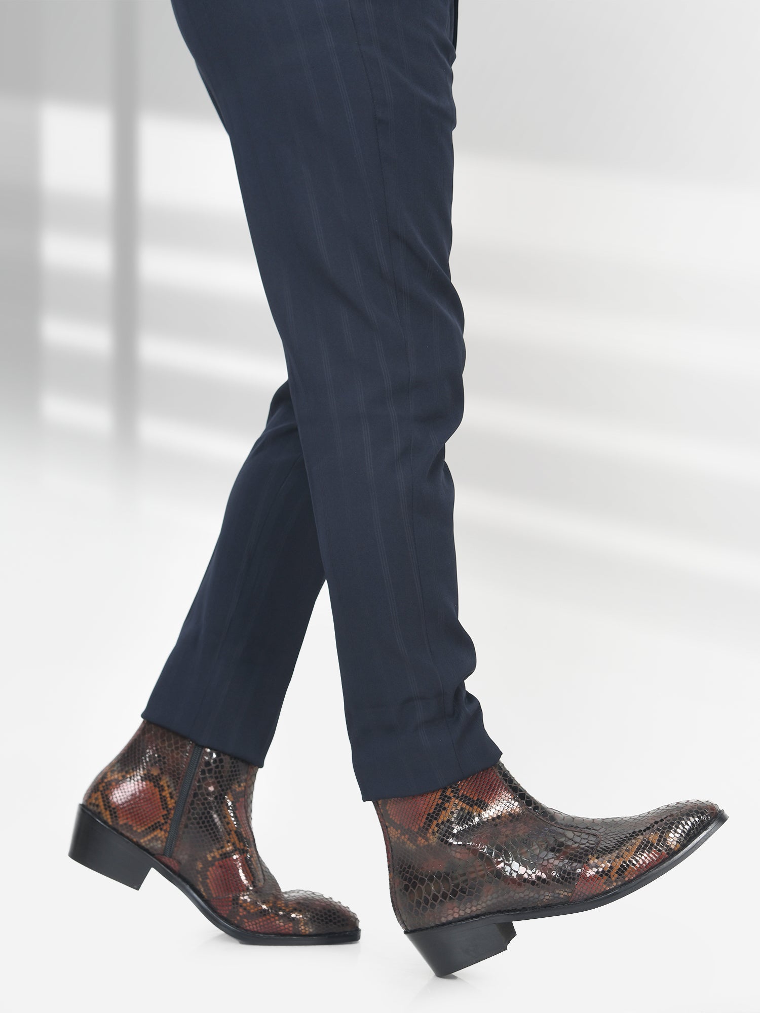 Morgoth - Sqaure Toe Cuban Heel Boot in Brown Snakeskin-Textured Leather | RNK LUXE