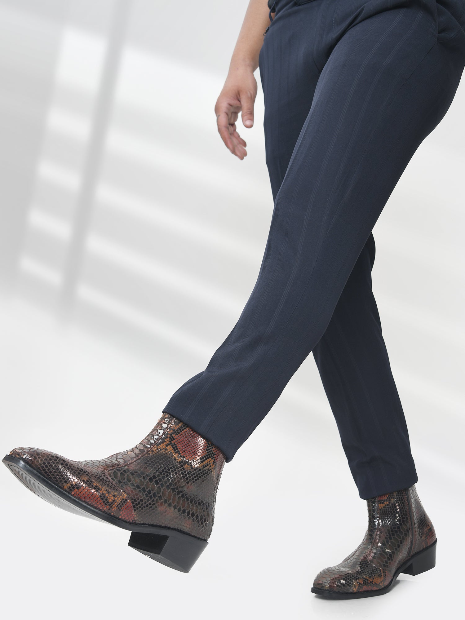 Morgoth - Sqaure Toe Cuban Heel Boot in Brown Snakeskin-Textured Leather | RNK LUXE