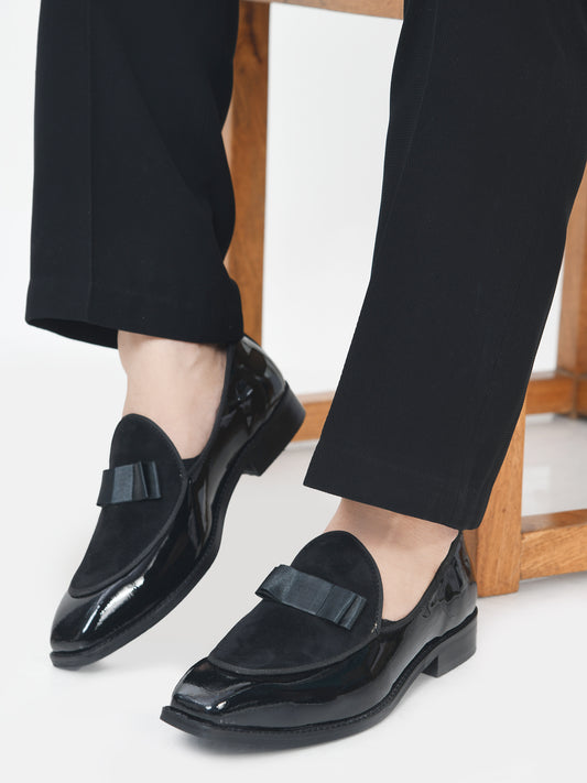 The Tuxe - Patent Leather & Suede Fusion Loafer with Grosgrain Bow in Jet Black