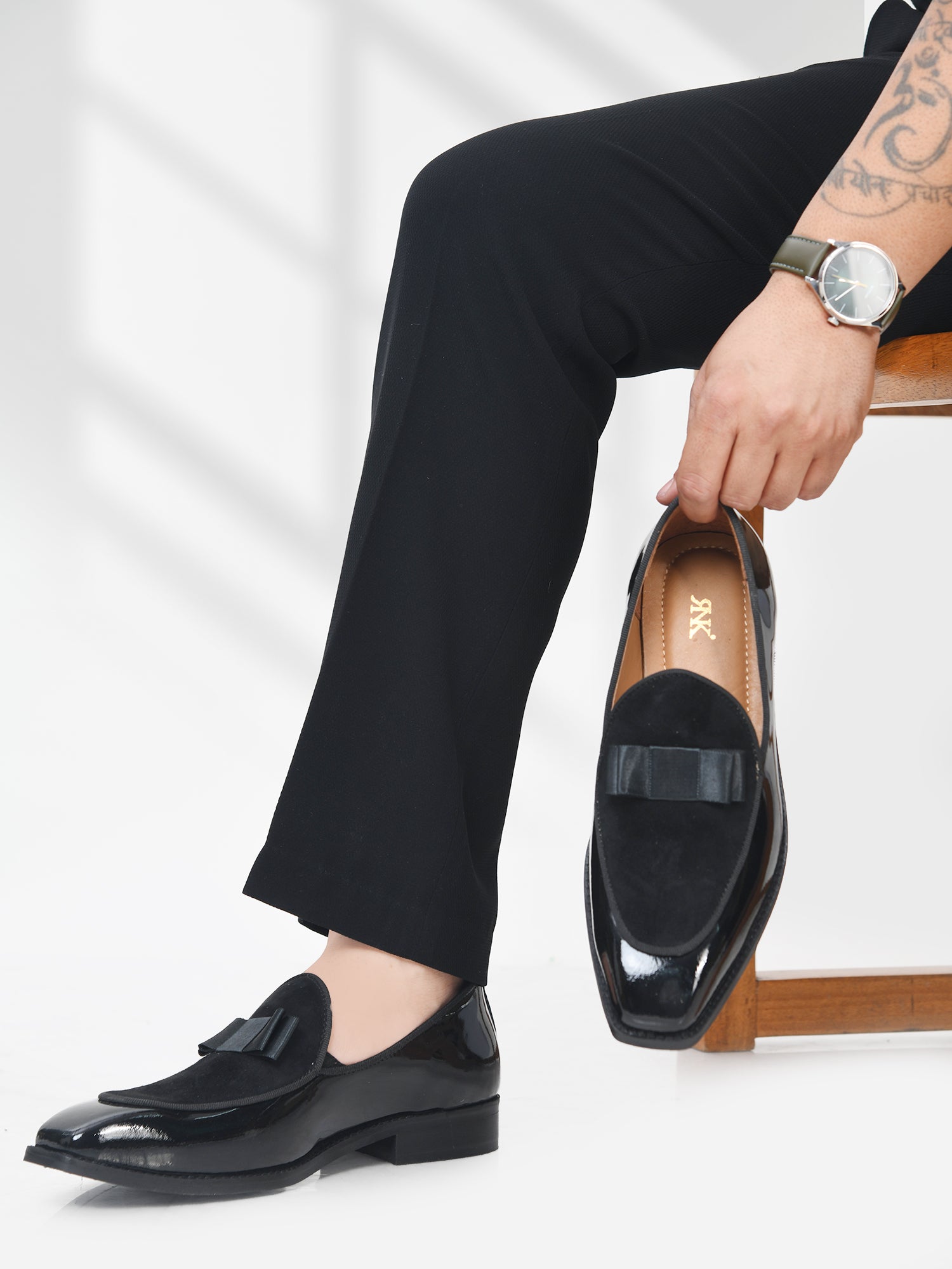 The Tuxe - Patent Leather & Suede Fusion Loafer with Grosgrain Bow in Jet Black