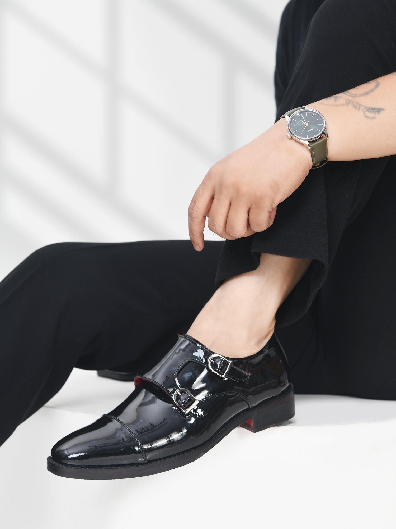 Valentino - Double Monk Strap Shoe in Premium Black Patent Leather