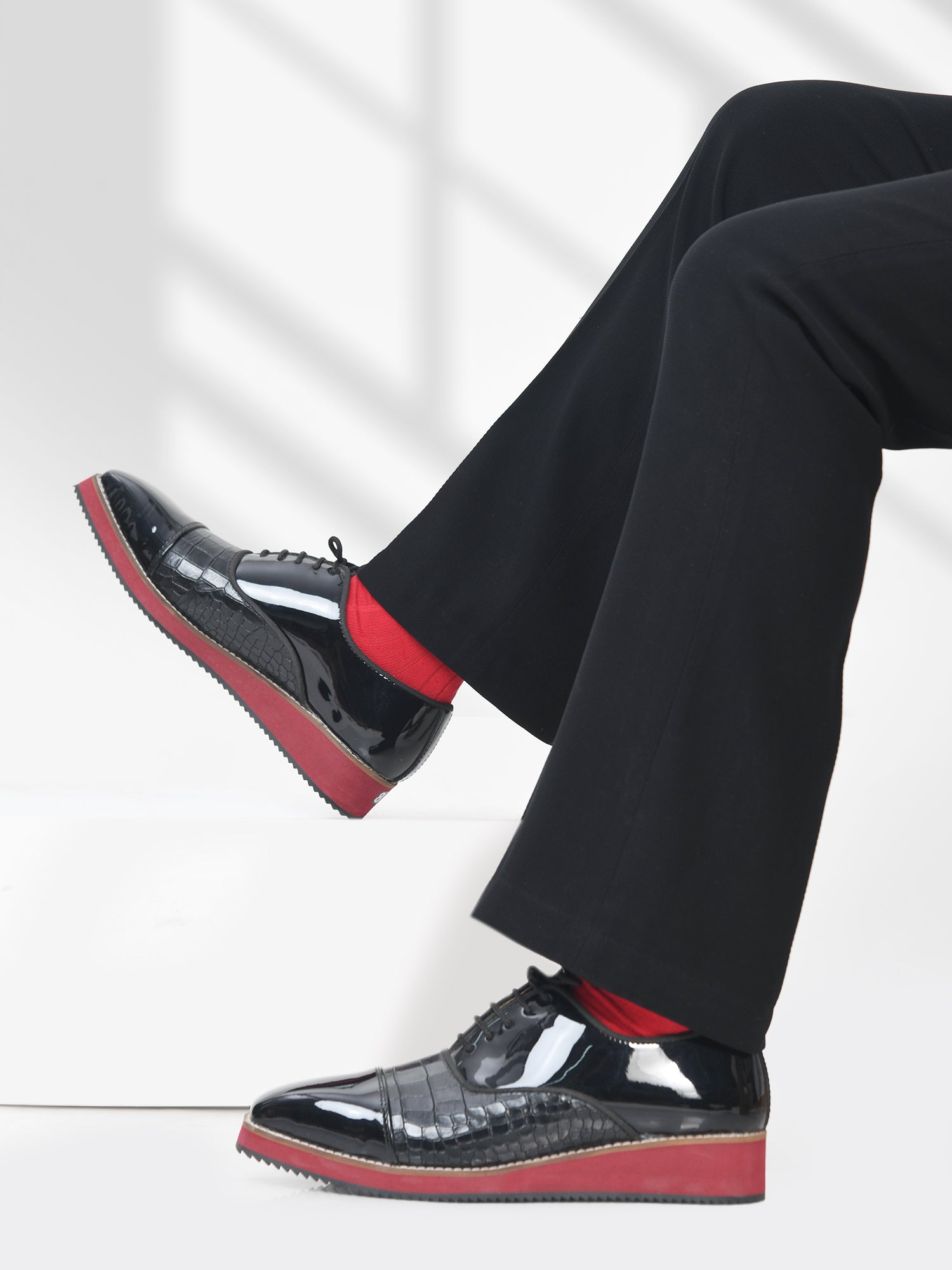 The Redline - Oxford Hybrid in Black Patent & Croc Textured Leather with Red Sole