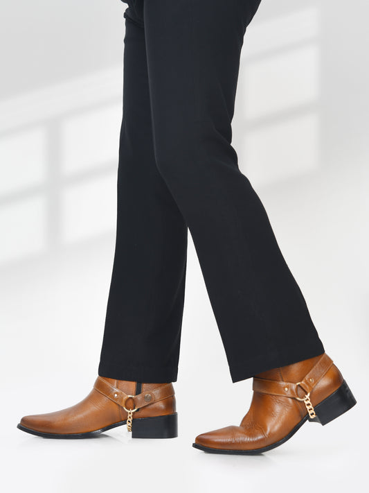 Tan Leather Boots With Golden Chain Men