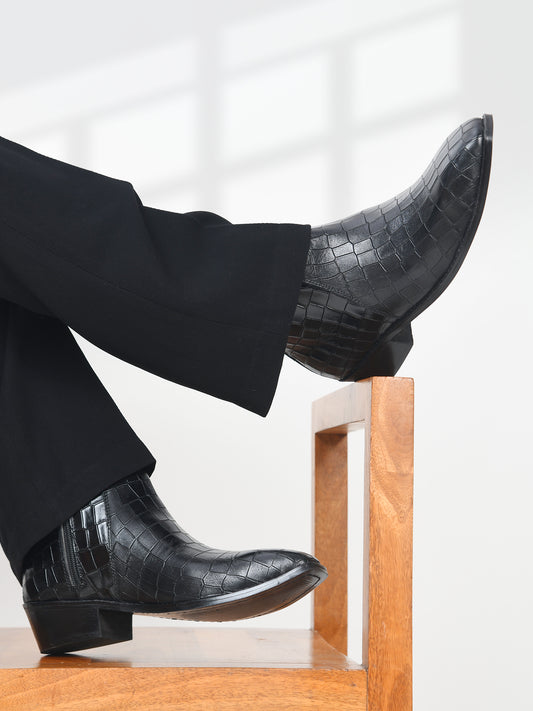 Leonardo Black - Men's Croco Textured Leather Side Zip Boots (Cuban Heel)