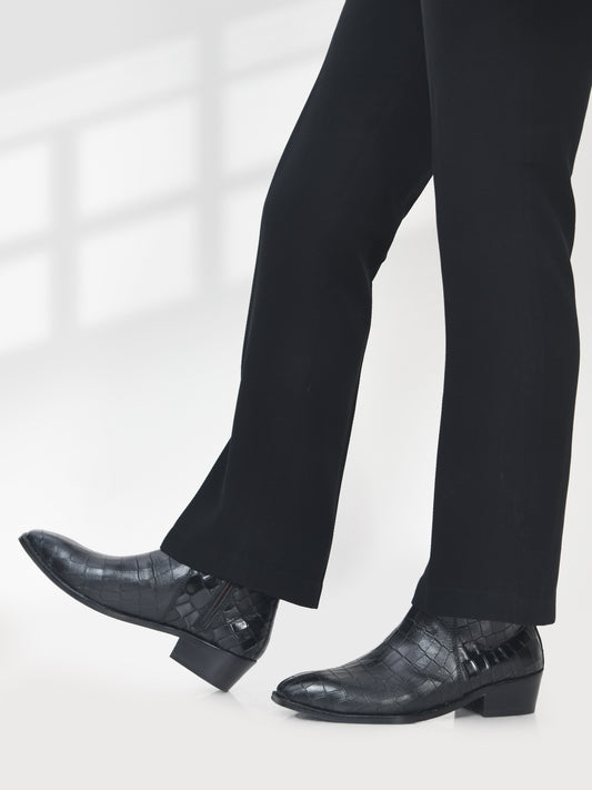 Leonardo Black - Men's Croco Textured Leather Side Zip Boots (Cuban Heel)