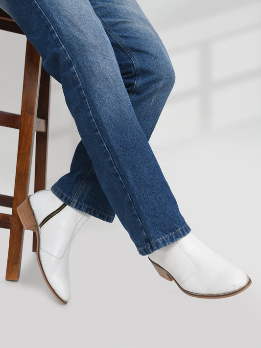 Blanco (White) -  Cuban Heel Leather Boots for Men
