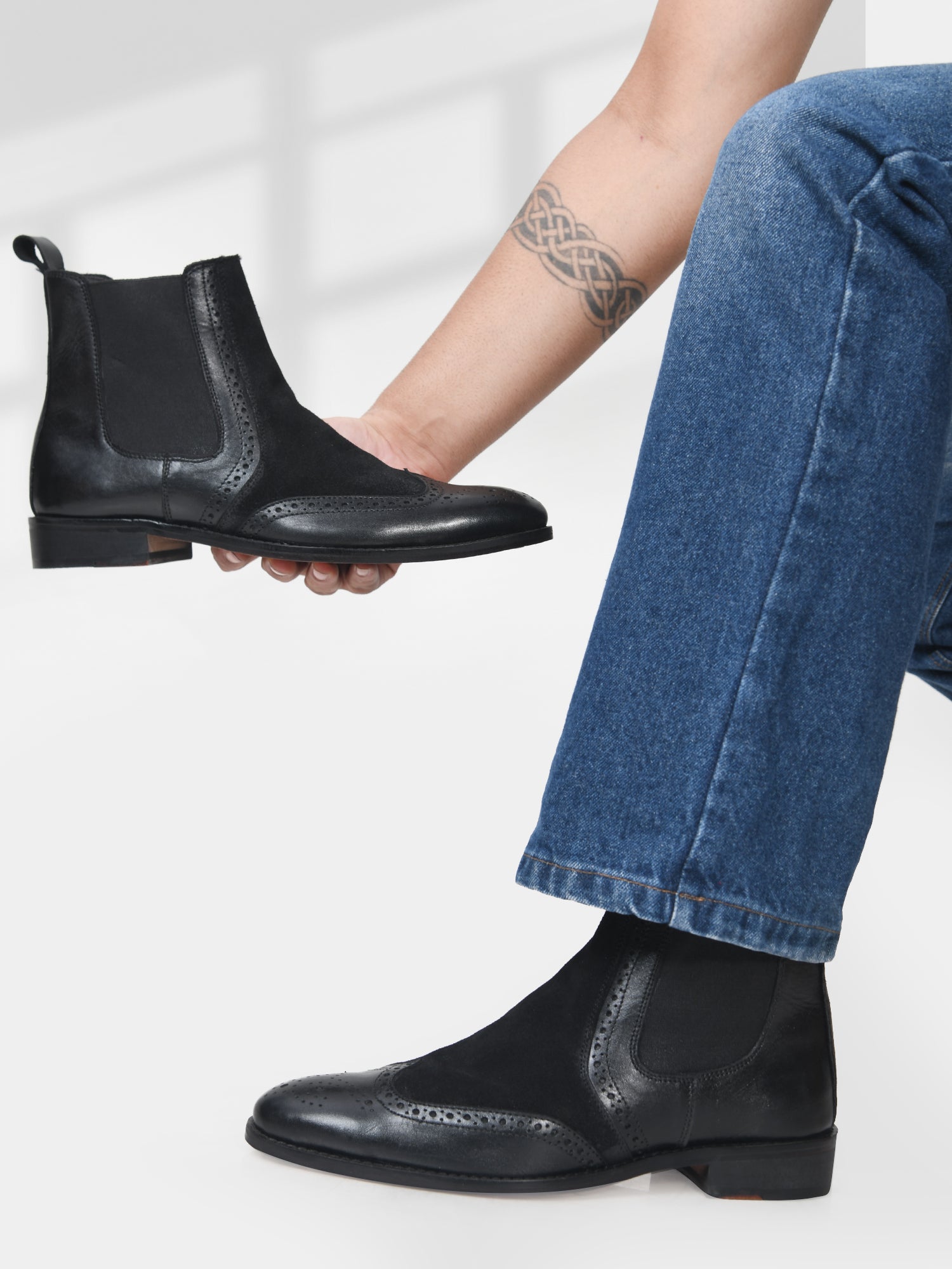 The Wing (Black) - Wingtip Brogue Chelsea Boots | RNK LUXE