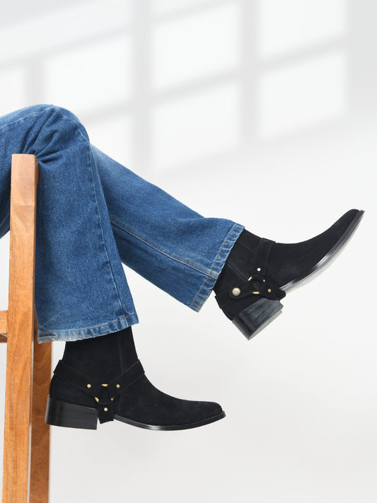 Black Harness Suede Boots Men