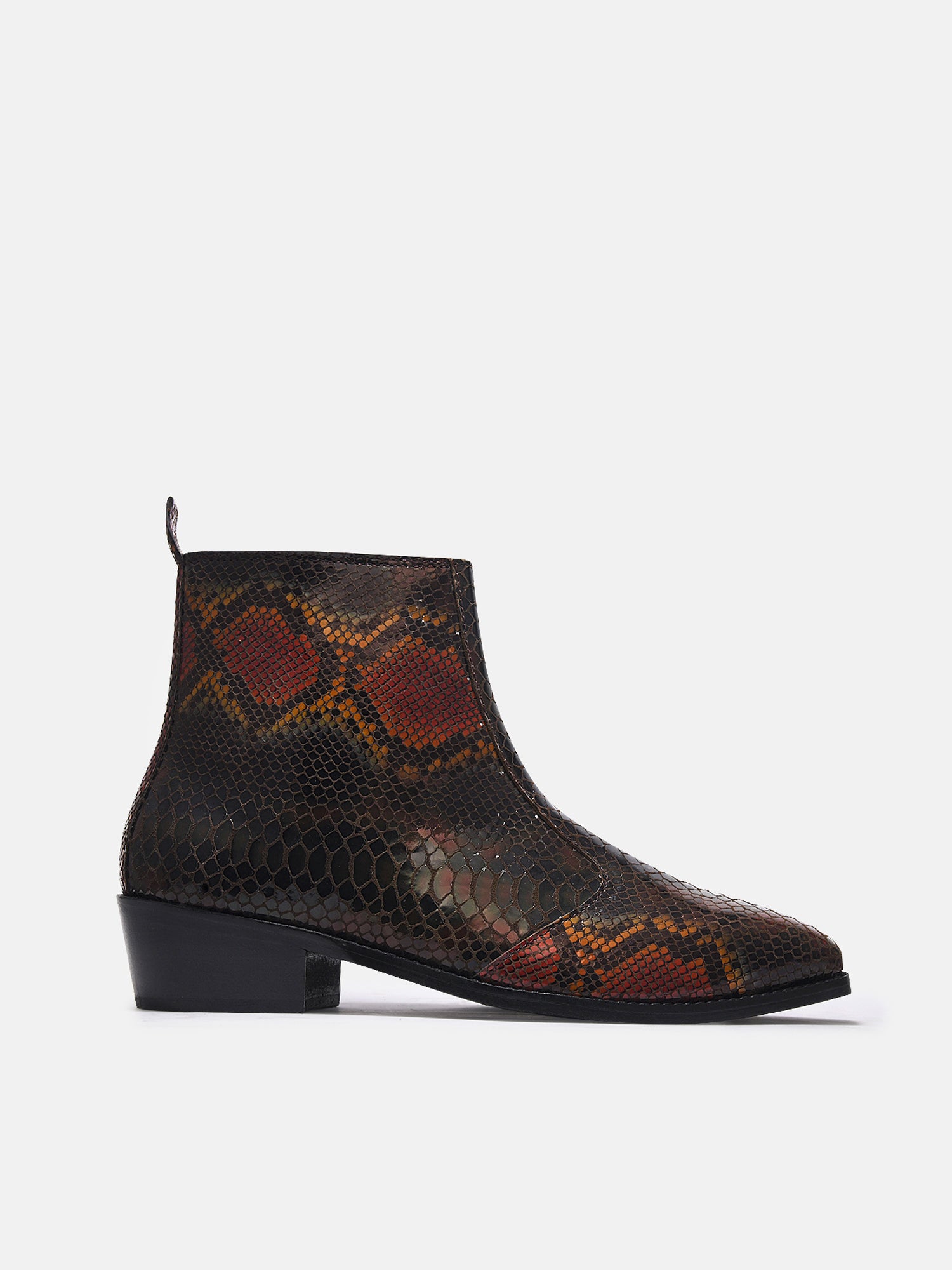 Morgoth - Sqaure Toe Cuban Heel Boot in Brown Snakeskin-Textured Leather | RNK LUXE
