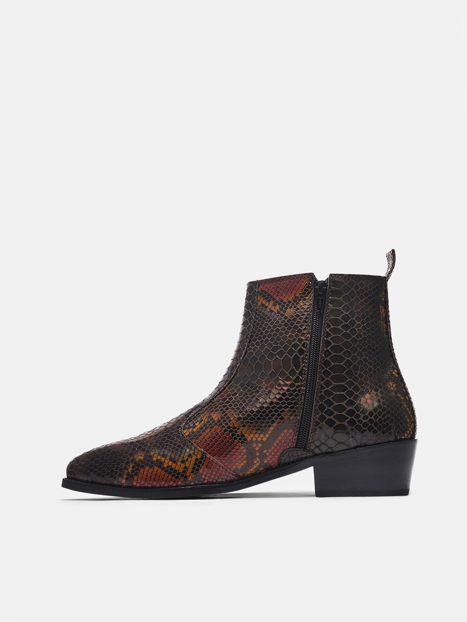 Morgoth - Sqaure Toe Cuban Heel Boot in Brown Snakeskin-Textured Leather | RNK LUXE