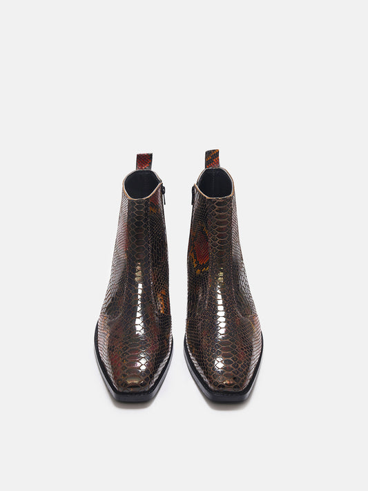 Morgoth - Sqaure Toe Cuban Heel Boot in Brown Snakeskin-Textured Leather | RNK LUXE
