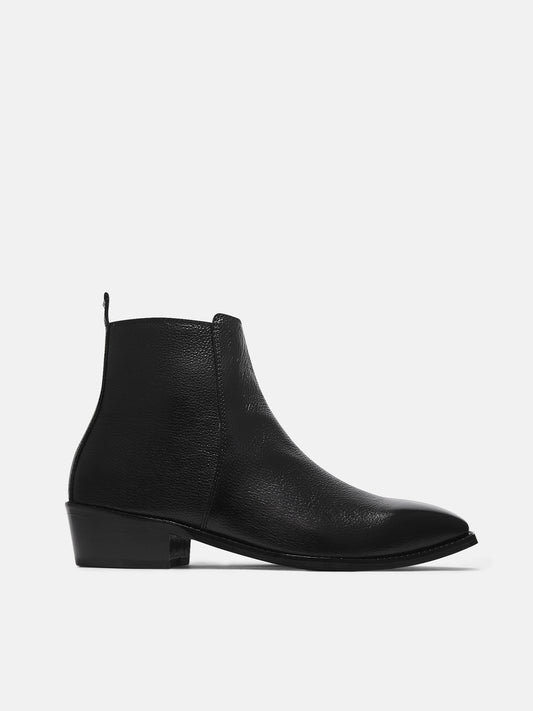 A men's leather side zip boot with a cuban heel, primarily black in color.