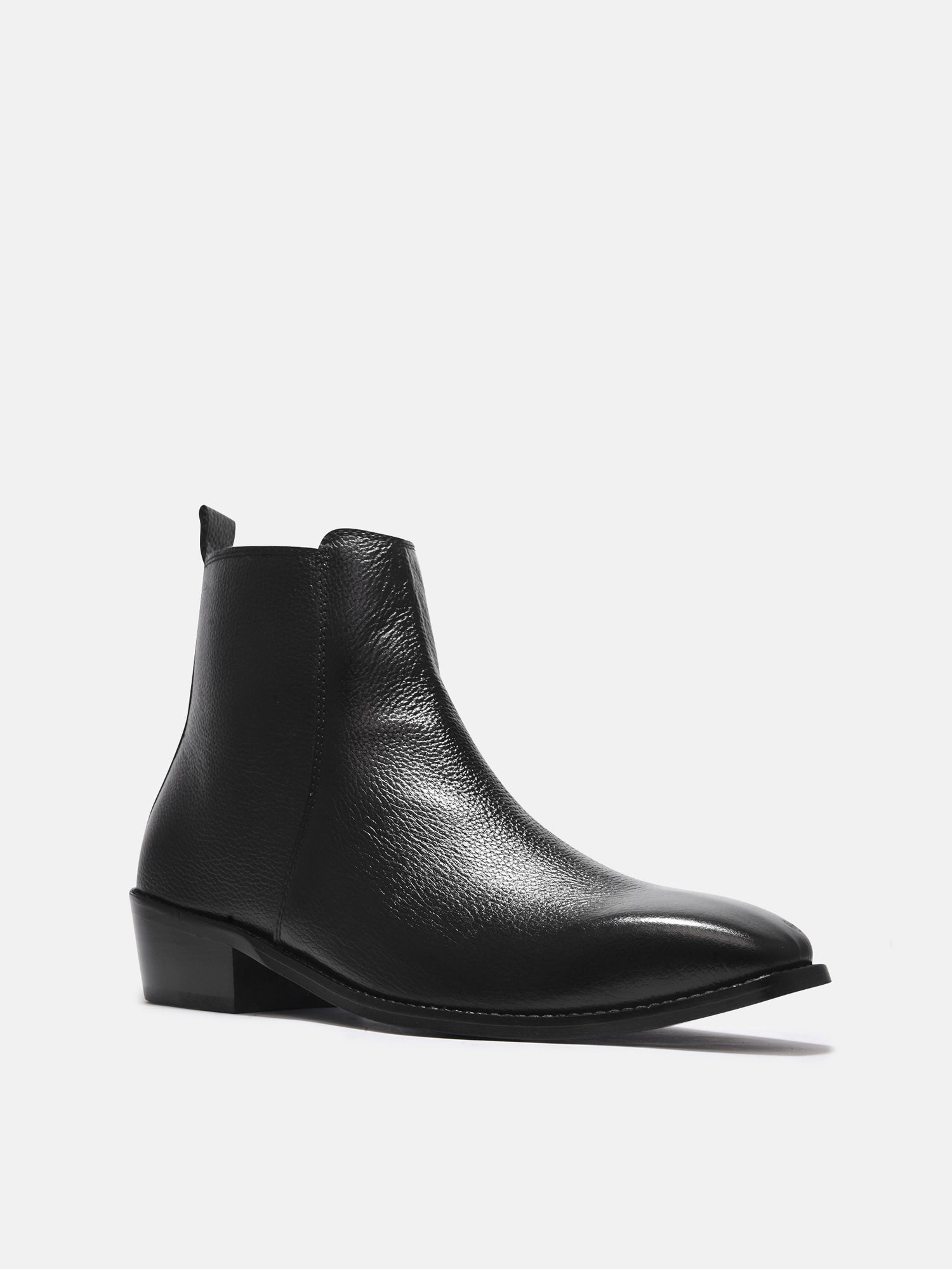 A men's leather side zip boot with a cuban heel, primarily black in color.