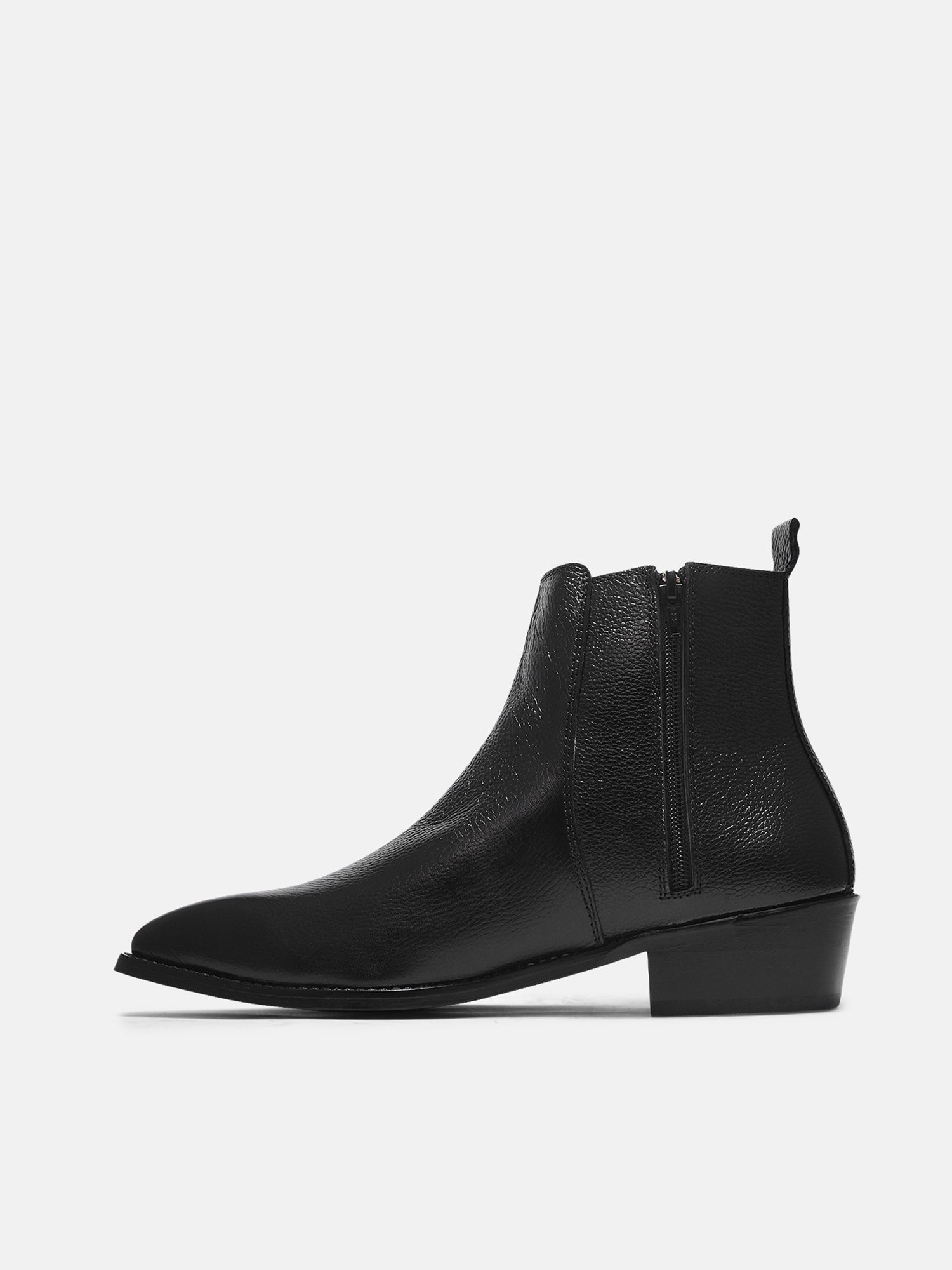 A men's leather side zip boot with a cuban heel, primarily black in color.