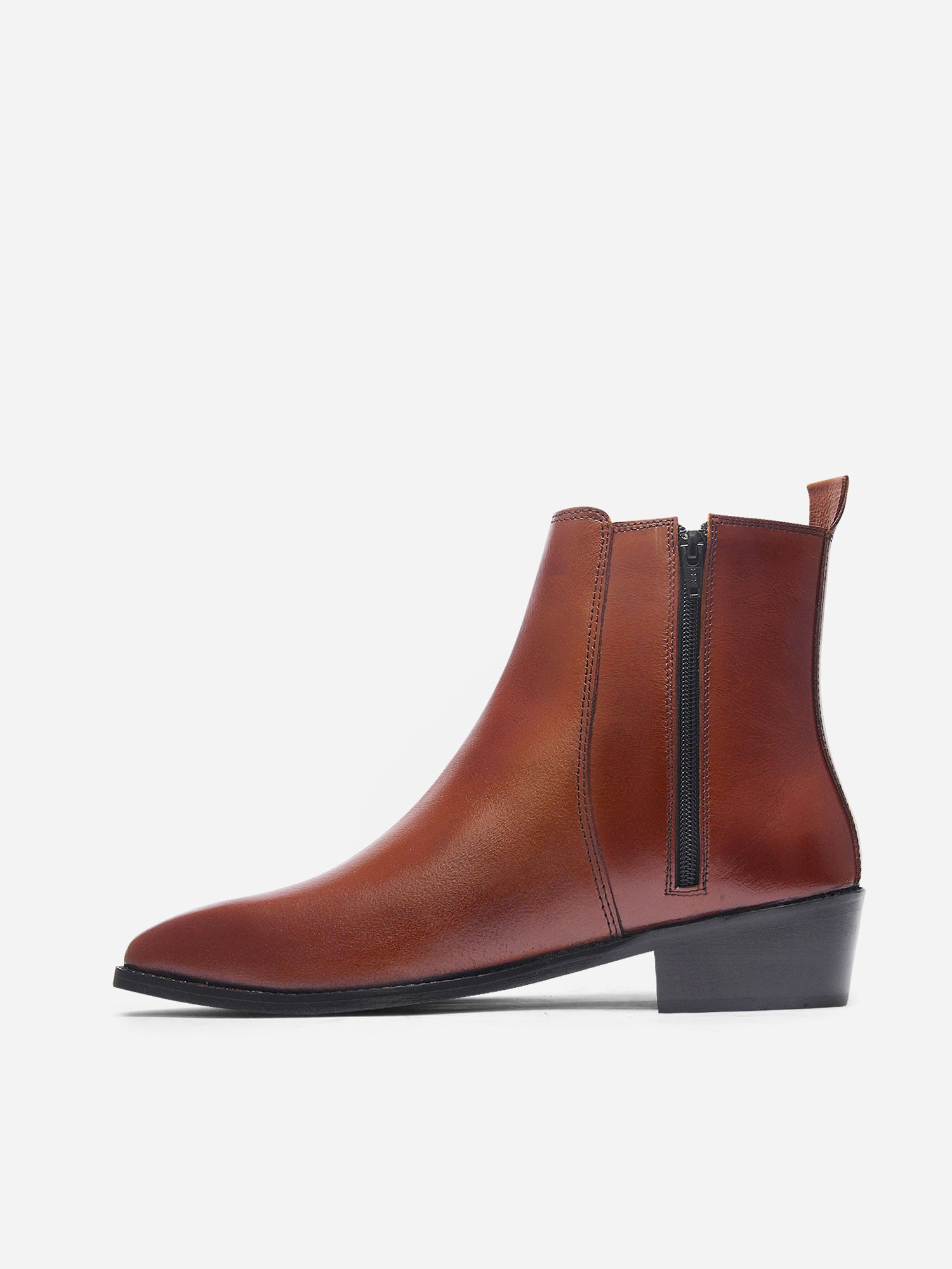 A men's side zip leather boot with a tan finish and a cuban heel.