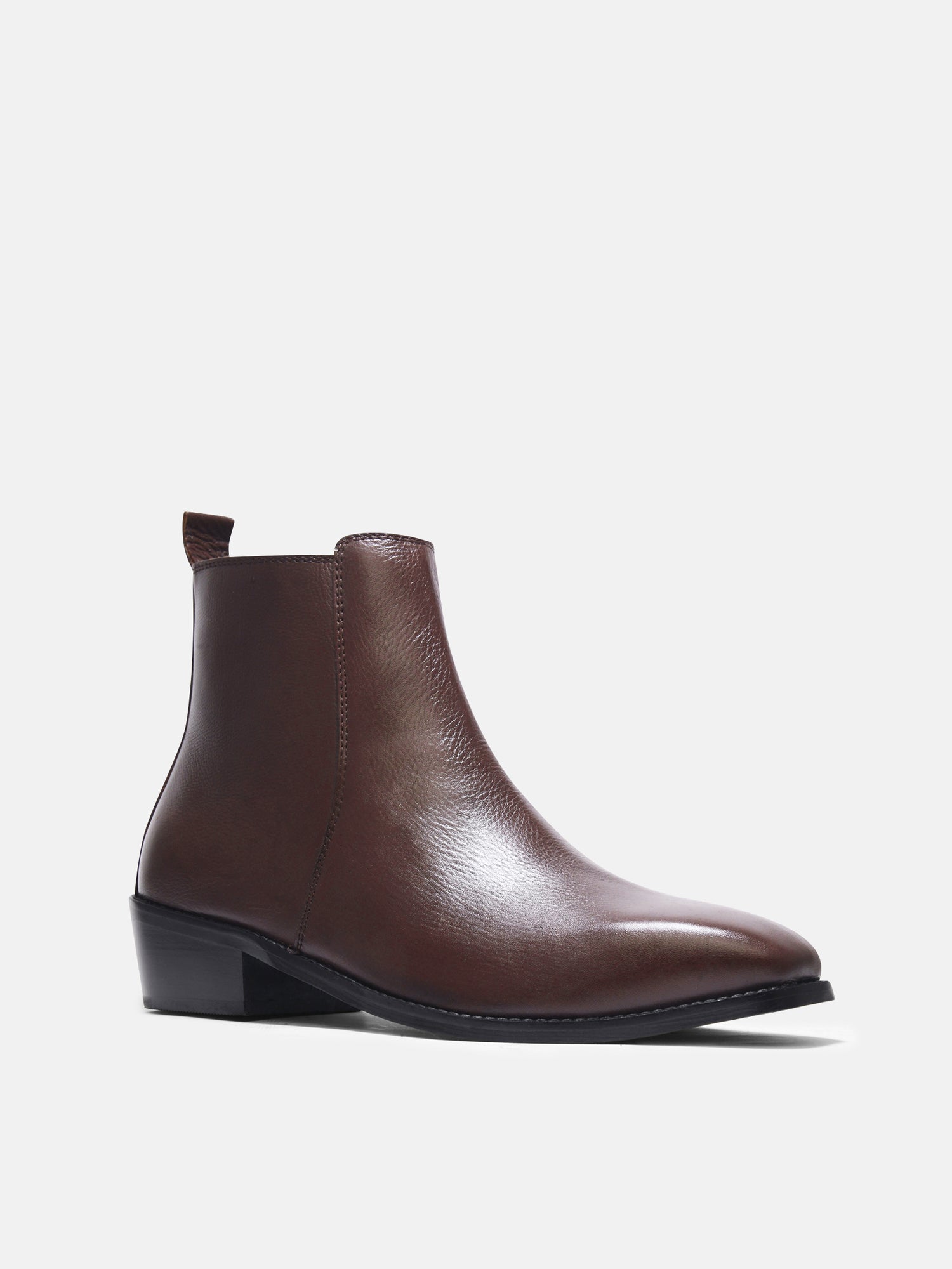 A brown, side zip leather boot with a cuban heel for men.