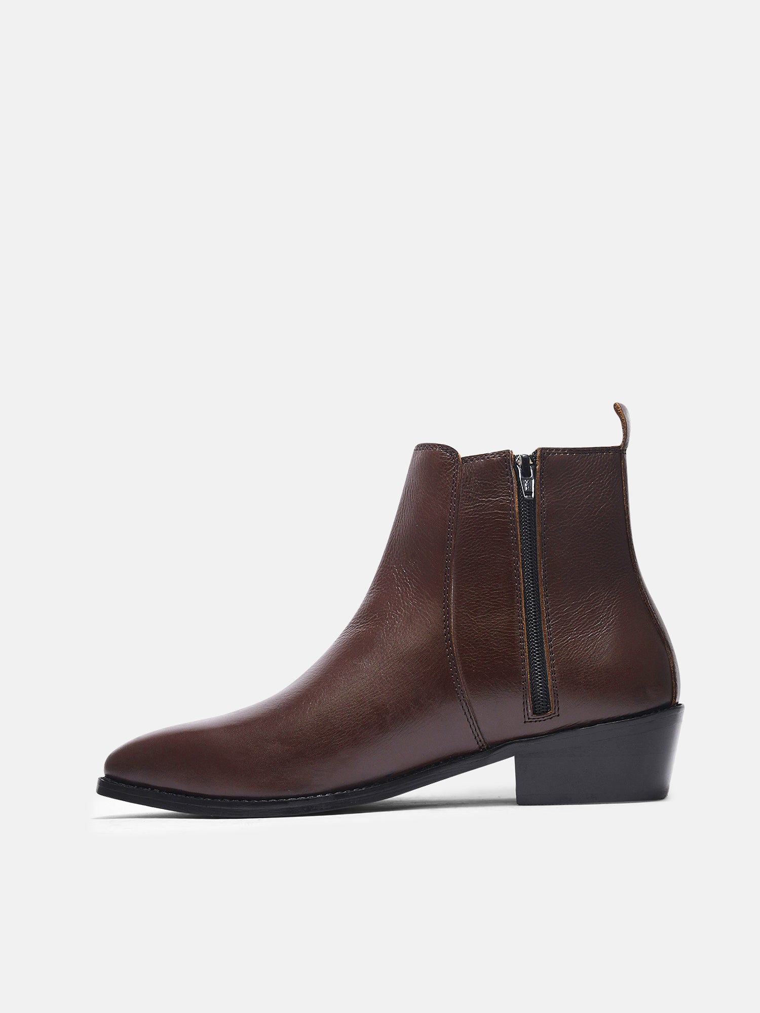 A brown, side zip leather boot with a cuban heel for men.