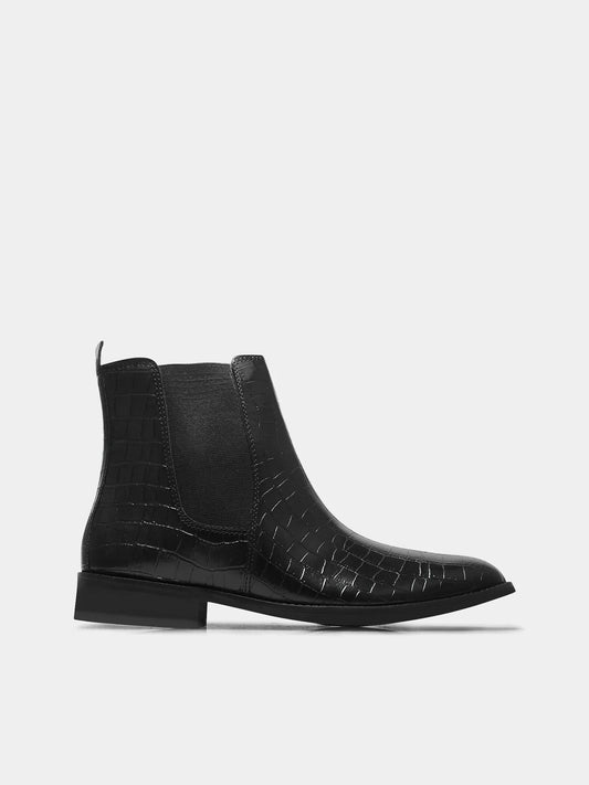 Black colour croco pattern boot with side elastic and mid heel