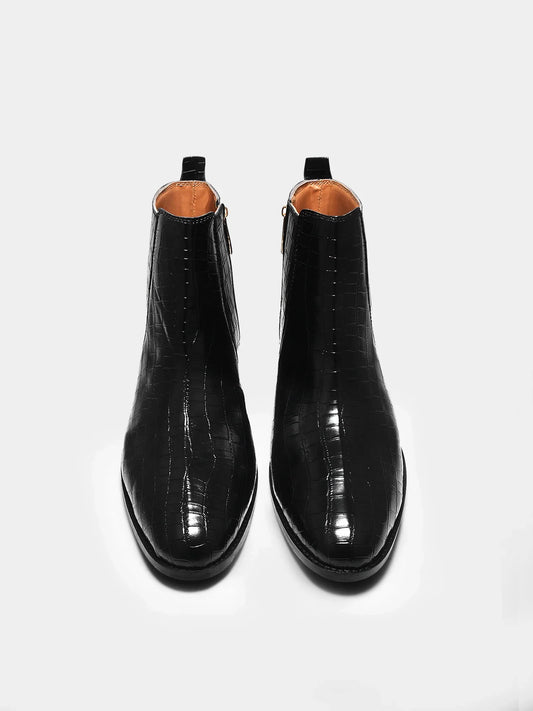 Black colour croco pattern leather boot with side zip and mid heel