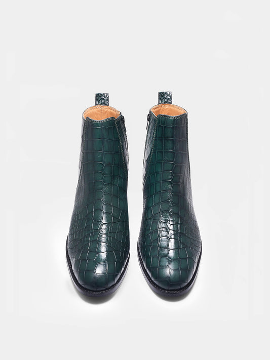 Green colour crocodile textured leather boots with side zip on a Cuban heel