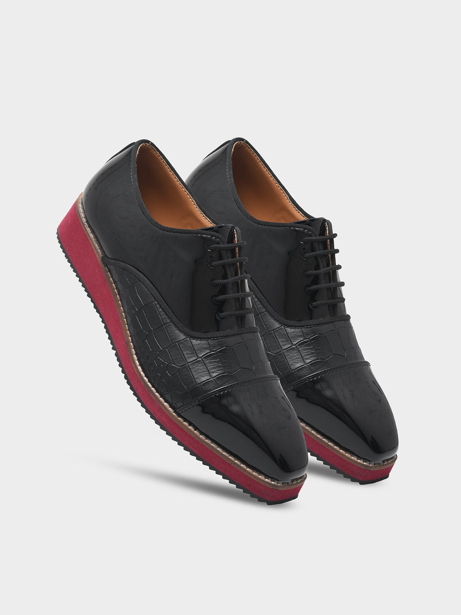 The Redline - Oxford Hybrid in Black Patent & Croc Textured Leather with Red Sole
