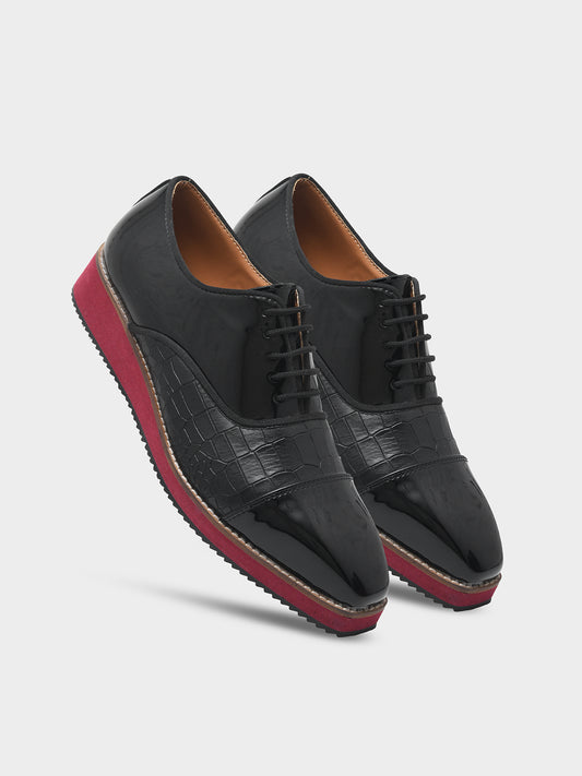 The Redline - Oxford Hybrid in Black Patent & Croc Textured Leather with Red Sole