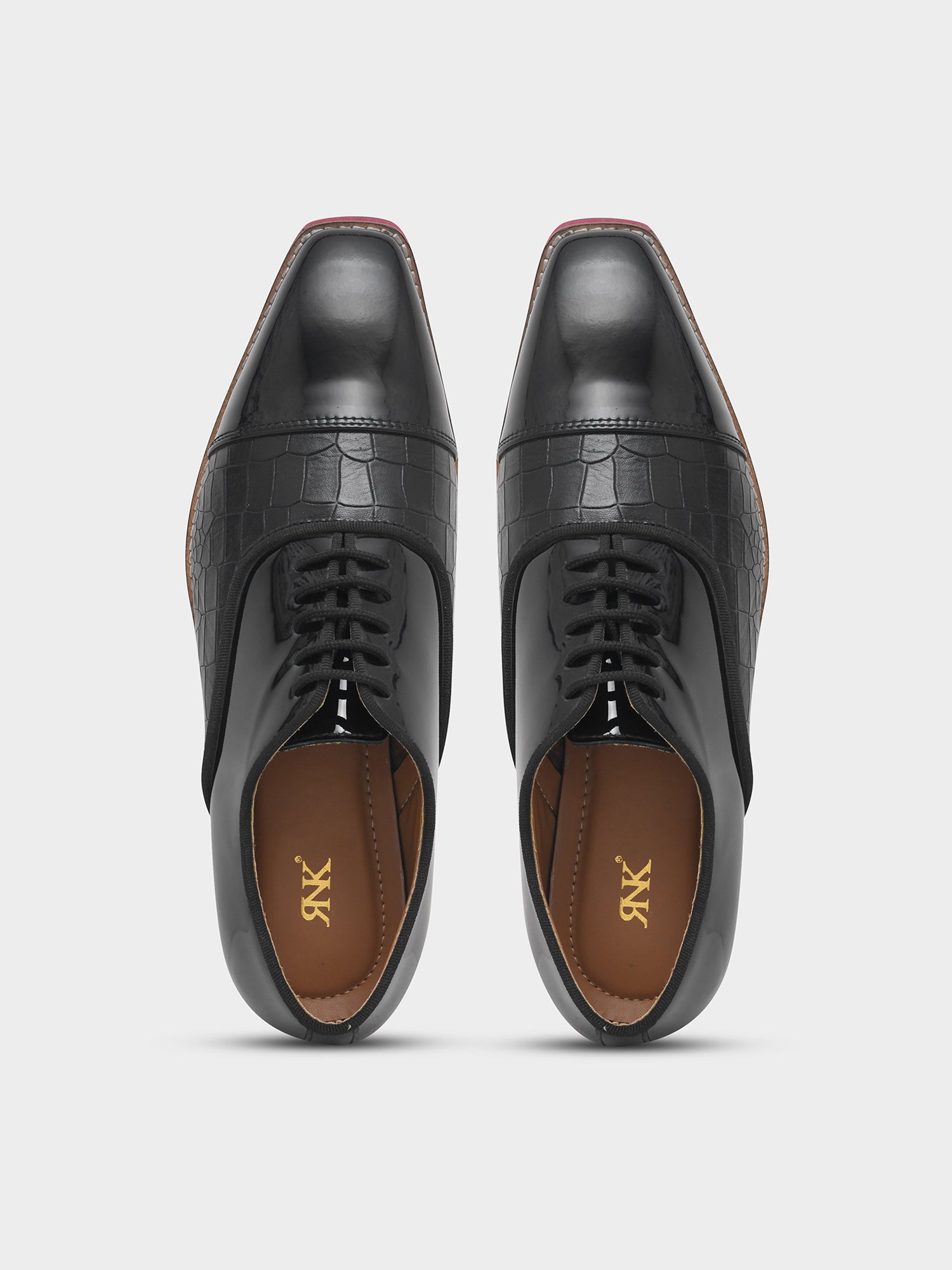 The Redline - Oxford Hybrid in Black Patent & Croc Textured Leather with Red Sole