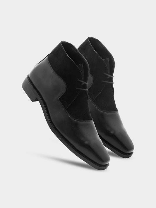 The Fusion (Jet Black) - Square Toe Chukka Boot in Black Suede & Calf Leather