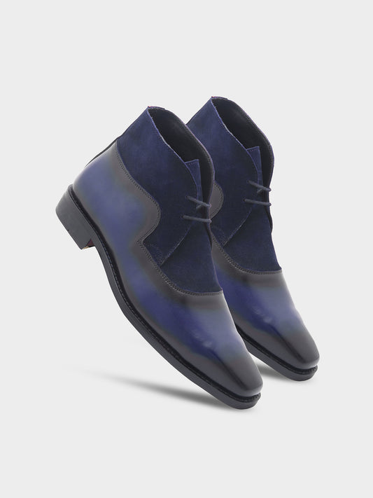 The Fusion (Midnight Blue) - Square Toe Chukka Boot in Black Suede & Calf Leather