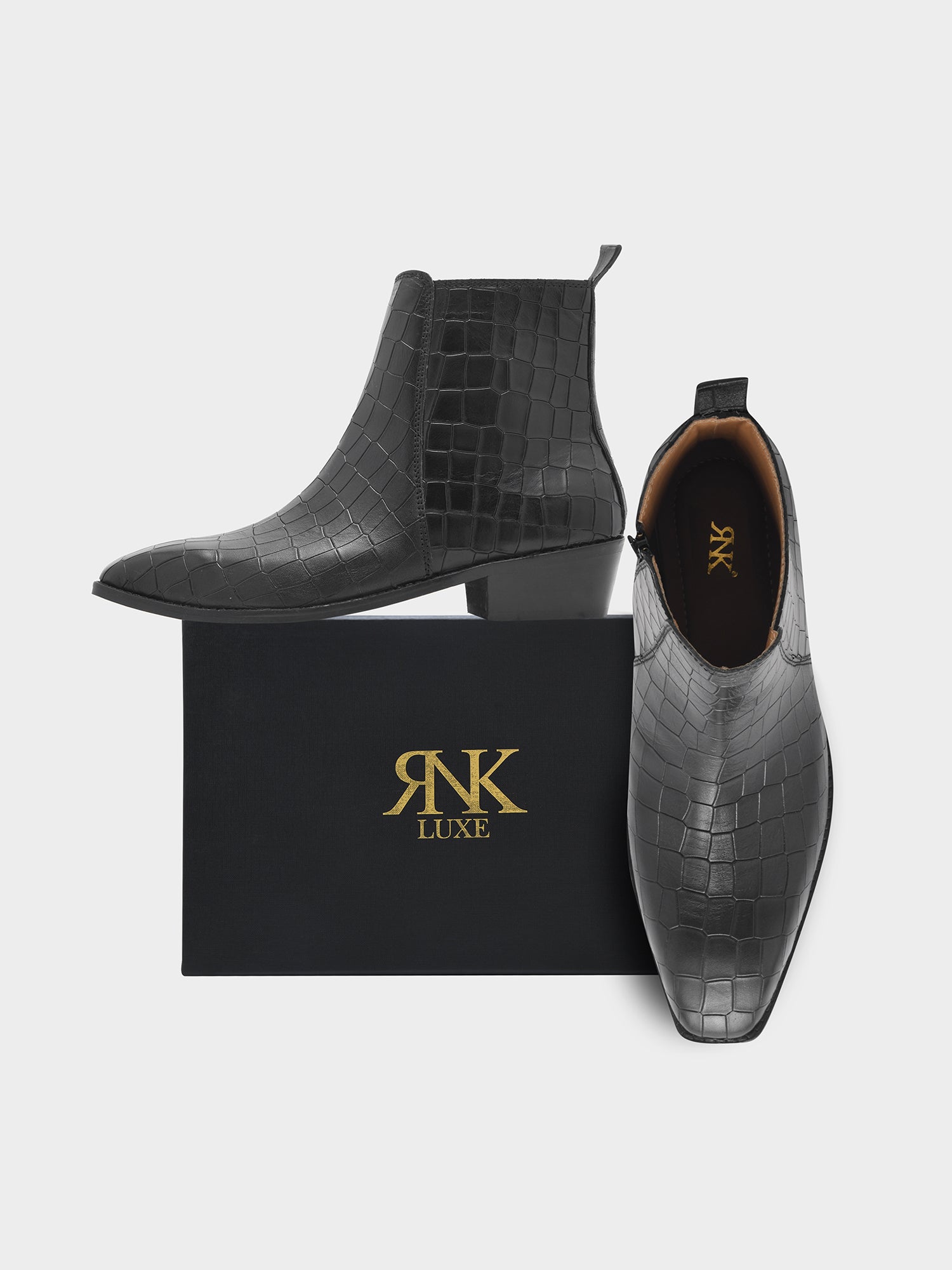 Leonardo Black - Men's Croco Textured Leather Side Zip Boots (Cuban Heel)