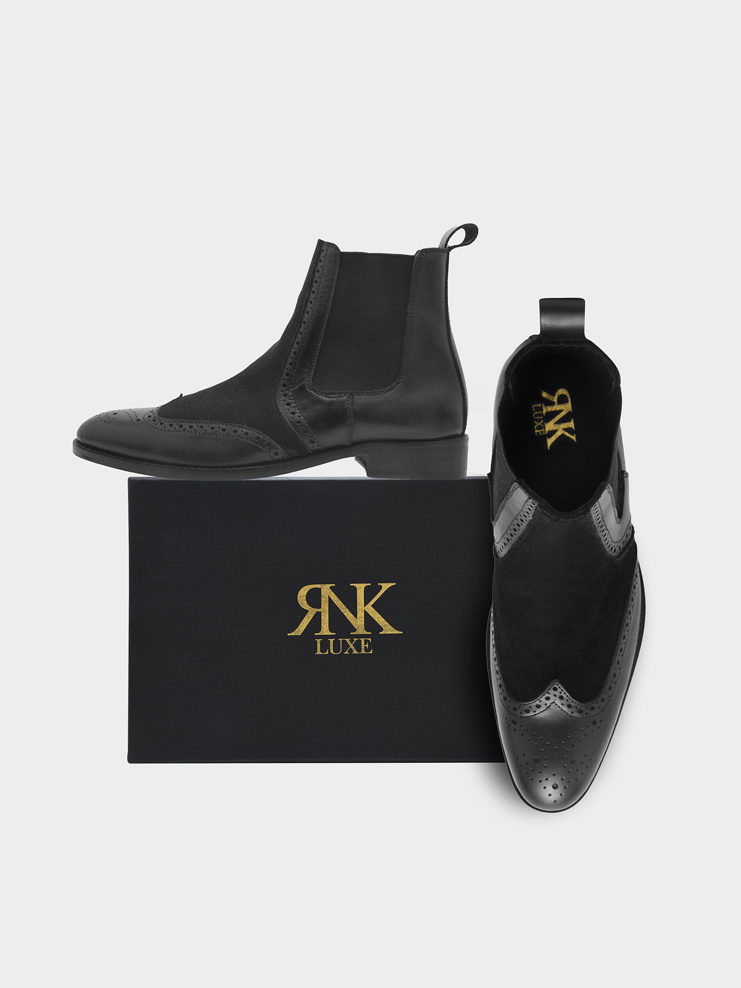 The Wing (Black) - Wingtip Brogue Chelsea Boots | RNK LUXE