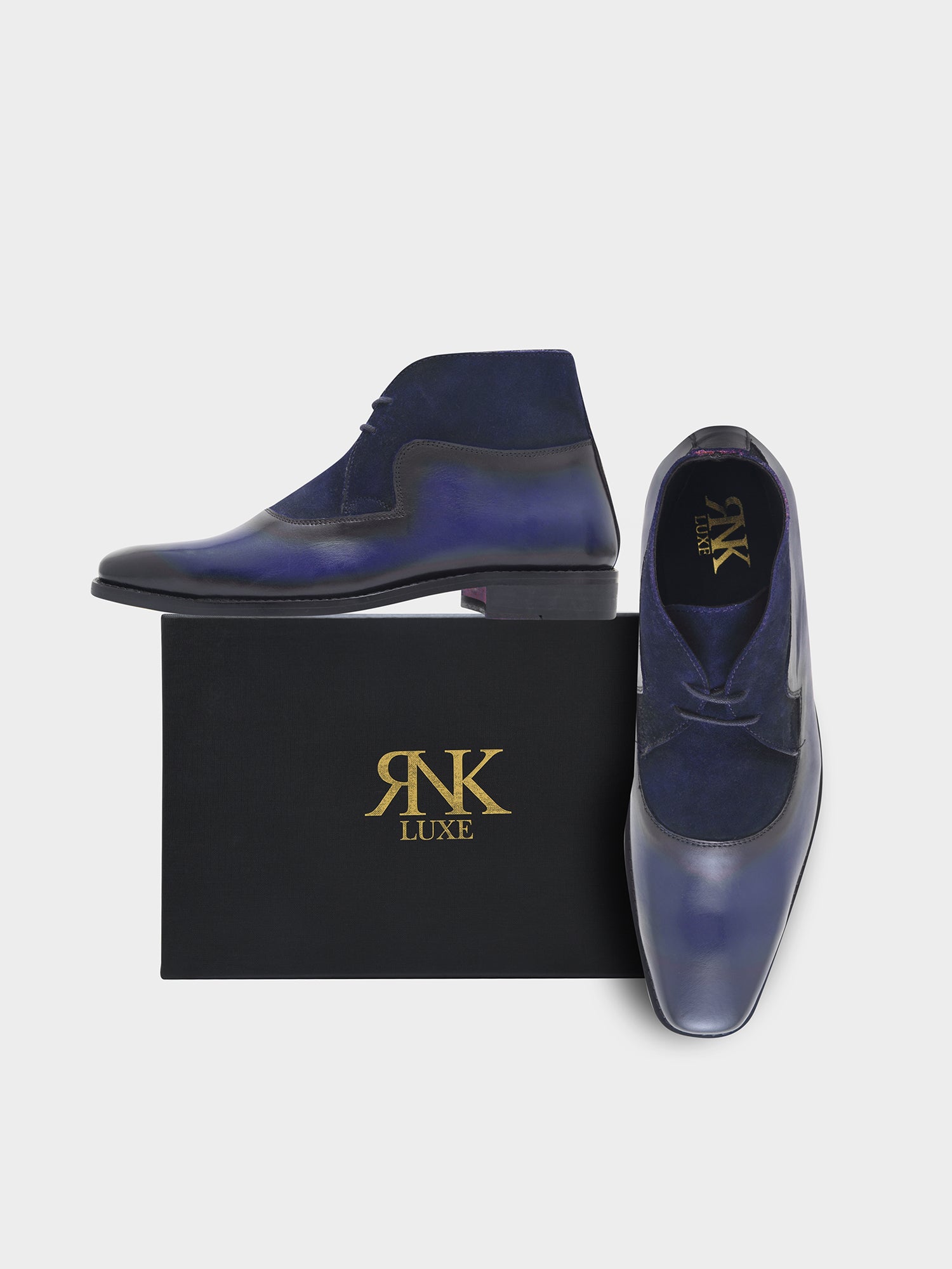 The Fusion (Midnight Blue) - Square Toe Chukka Boot in Black Suede & Calf Leather