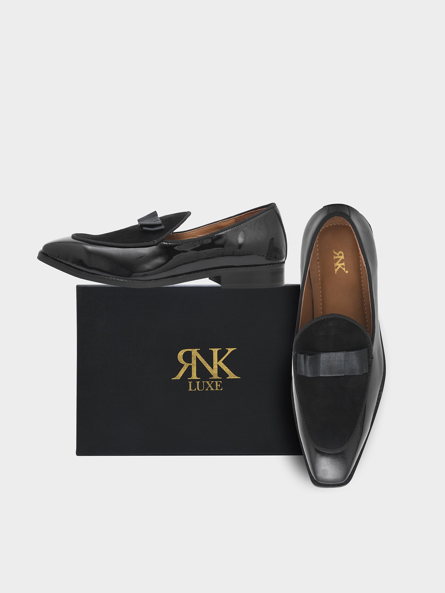 The Tuxe - Patent Leather & Suede Fusion Loafer with Grosgrain Bow in Jet Black