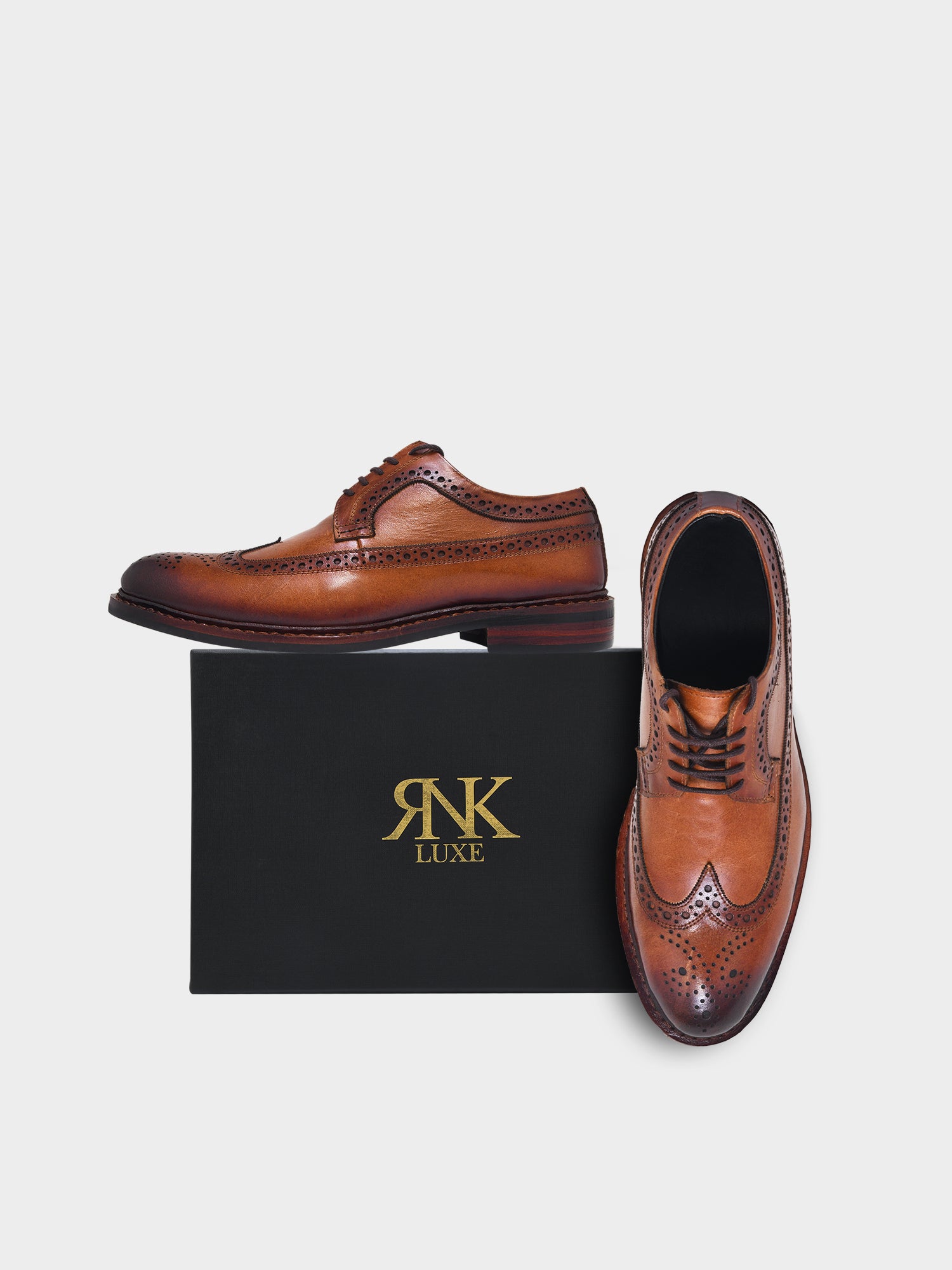 The Oxfordshire — Goodyear Welted Full Brogue Derby in Hand-Patina Tan Calf Leather | RNK LUXE
