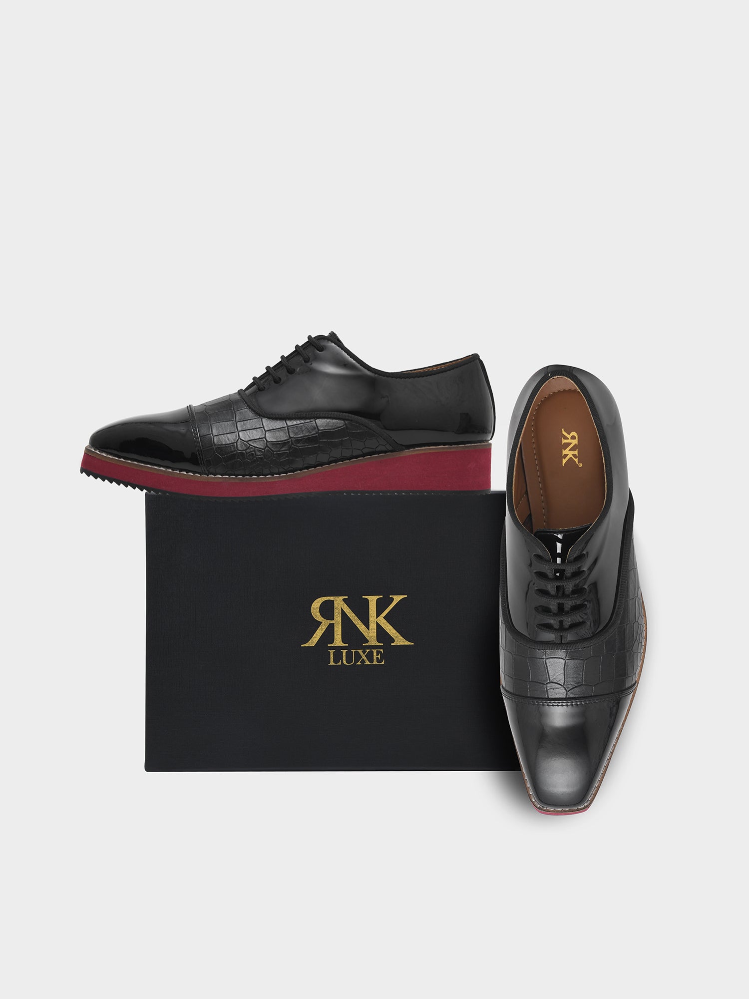 The Redline - Oxford Hybrid in Black Patent & Croc Textured Leather with Red Sole