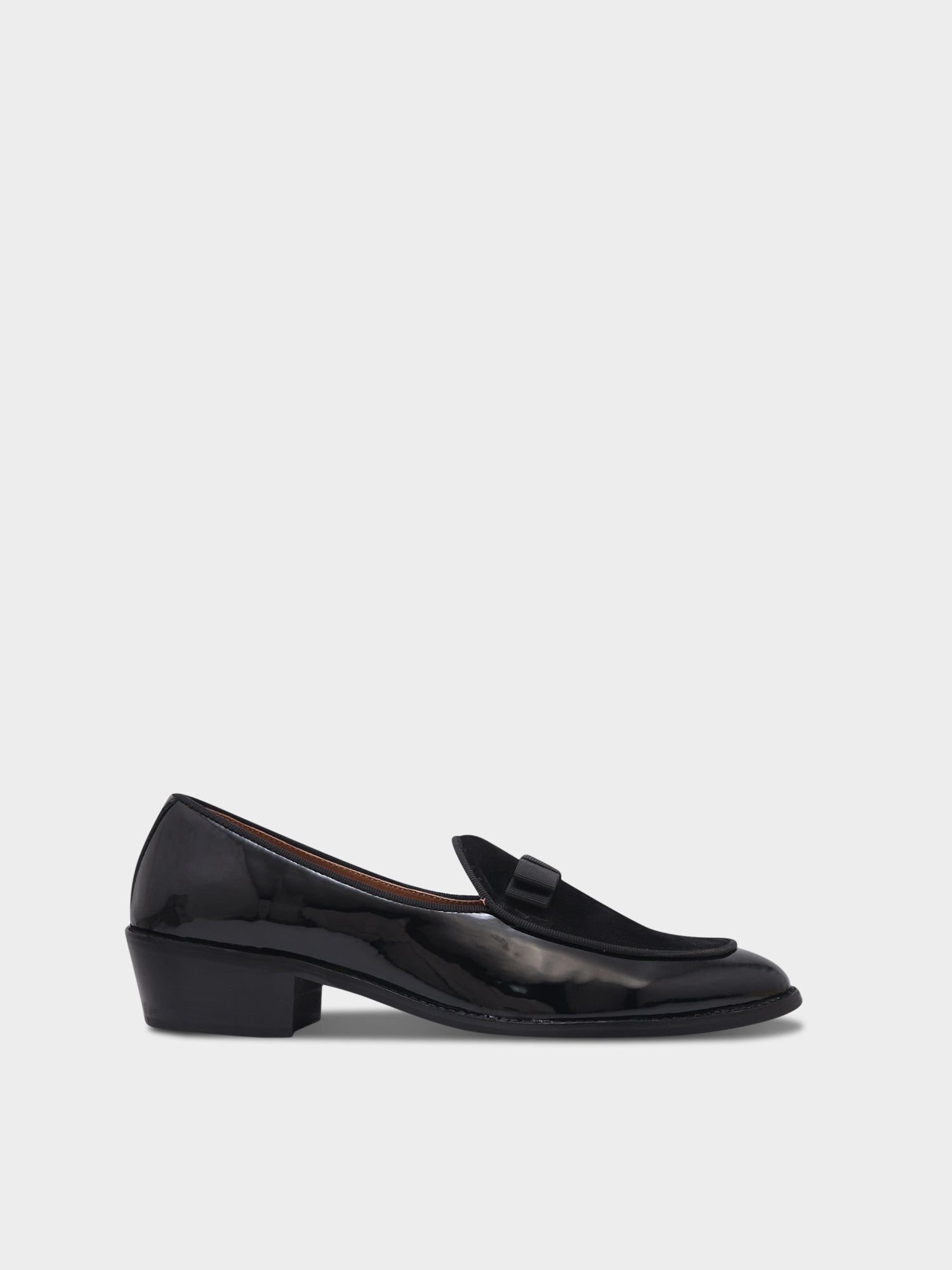 The Tuxe (Cuban Heel) - Patent Leather & Suede Fusion Loafer with Grosgrain Bow in Jet Black