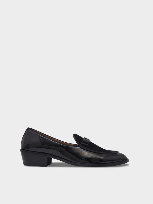 The Tuxe (Cuban Heel) - Patent Leather & Suede Fusion Loafer with Grosgrain Bow in Jet Black