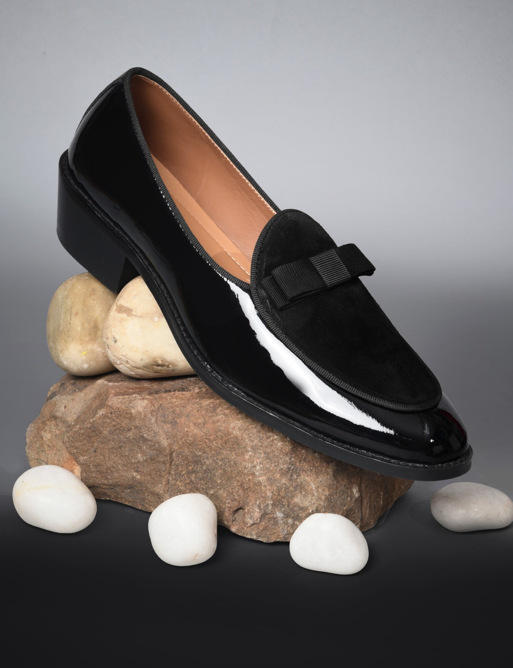 The Tuxe (Cuban Heel) - Patent Leather & Suede Fusion Loafer with Grosgrain Bow in Jet Black