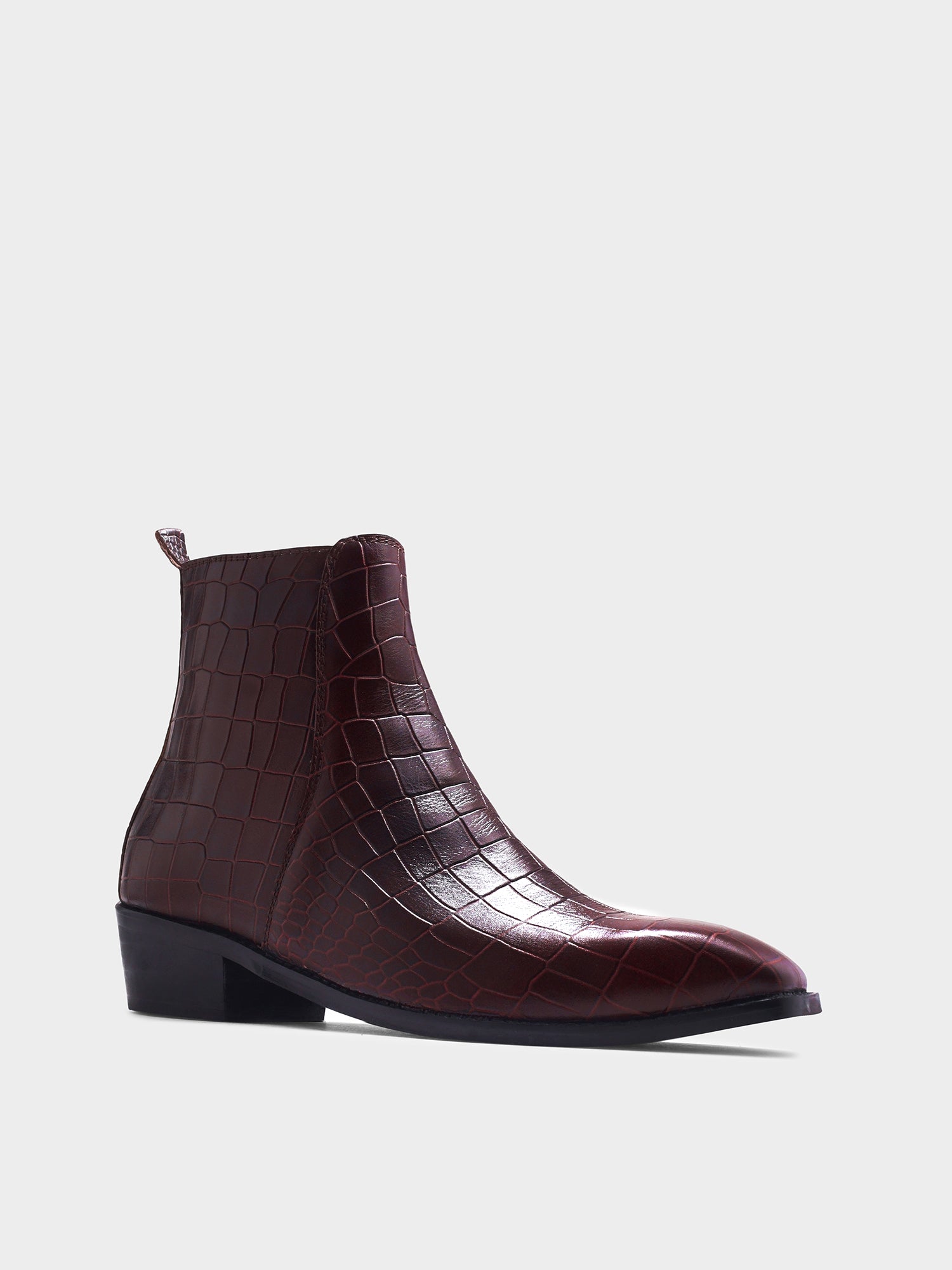 Burgundy crocodile textured leather boots with Cuban heel