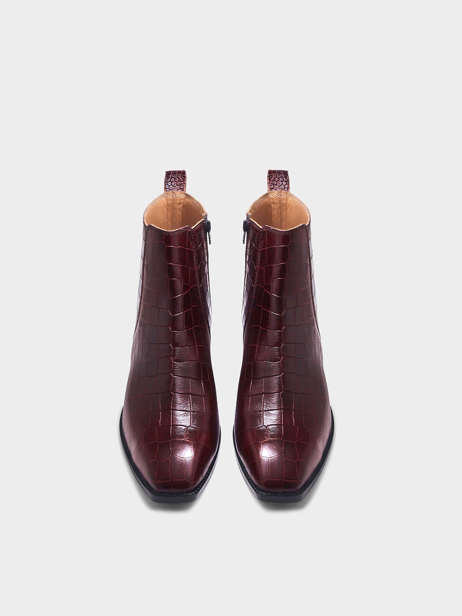 Pair of burgundy crocodile textured leather boots with Cuban heel