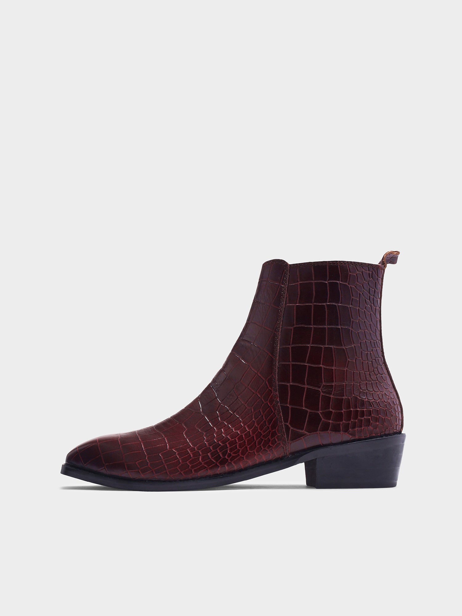 Burgundy crocodile textured leather boots with Cuban heel