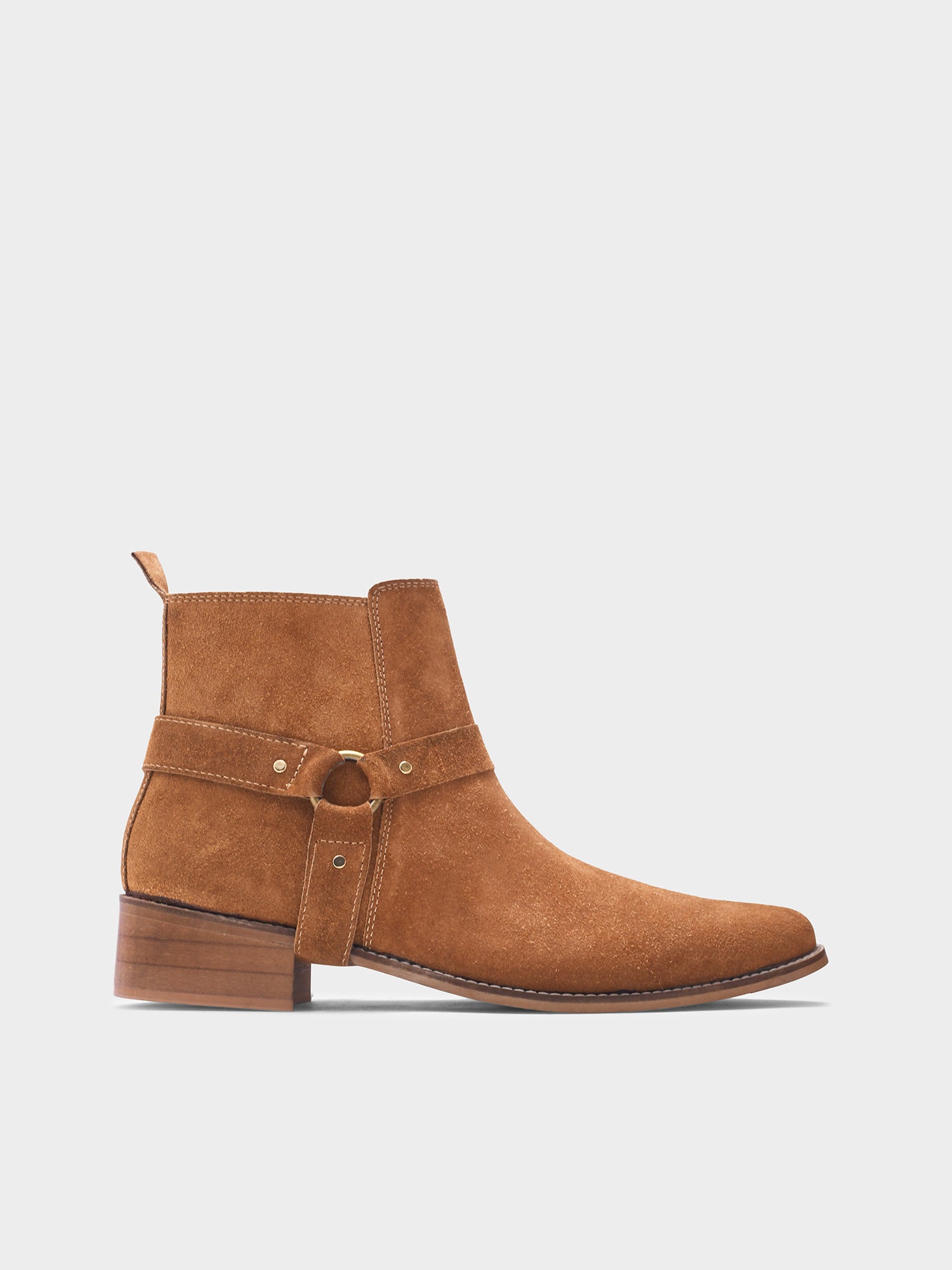 Tan suede boots on Cuban heel with tan coloured buckle on side with golden accents
