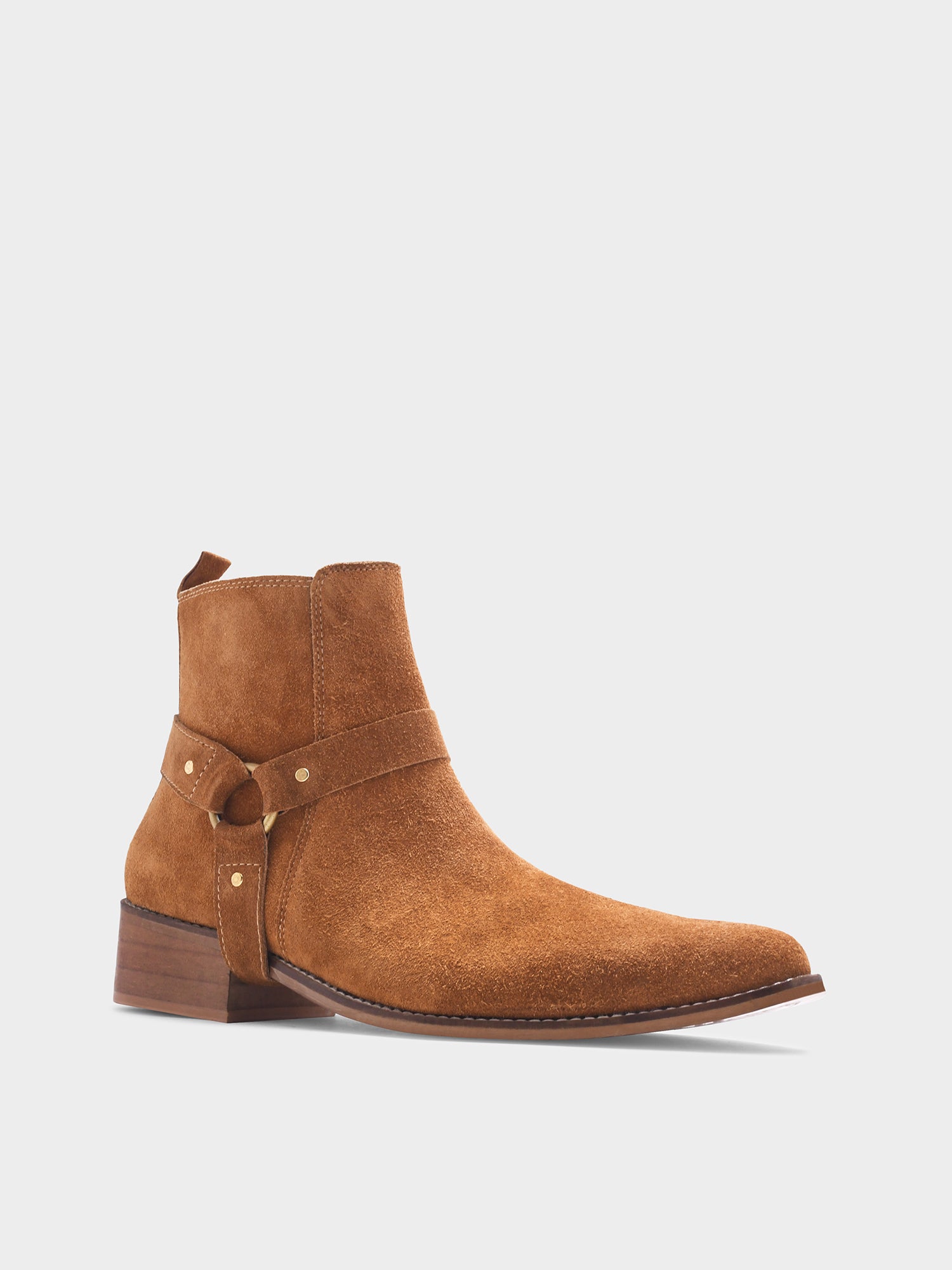 Tan suede boots on Cuban heel with tan coloured buckle on side with golden accents